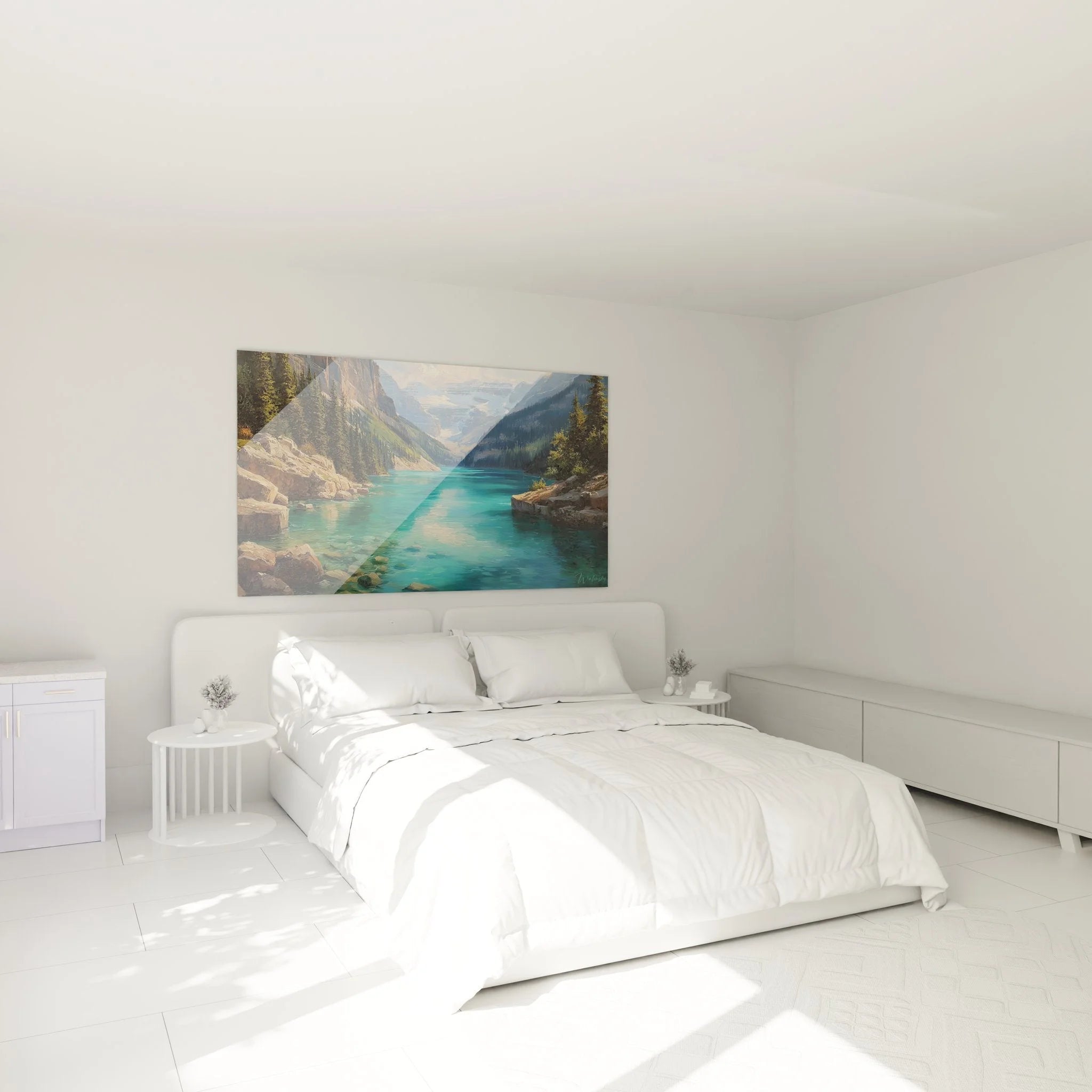 Bergsee Wandbild XXL im Schlafzimmer - türkise Berglandschaft als beruhigende Wanddekoration