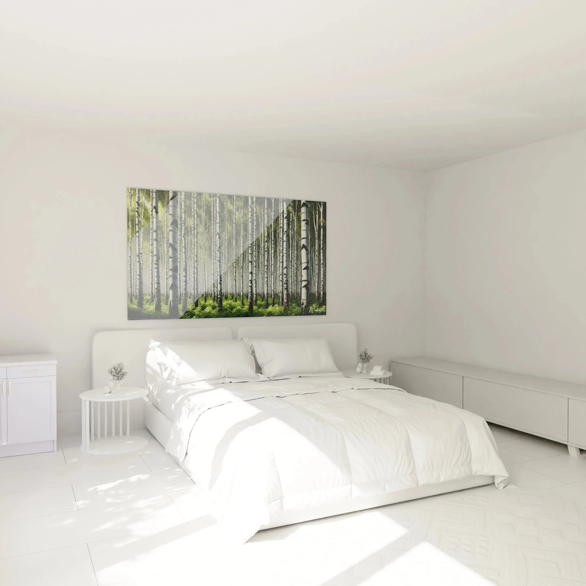 Birkenwald Leinwandbild im Schlafzimmer als beruhigende Wanddekoration mit Naturmotiv