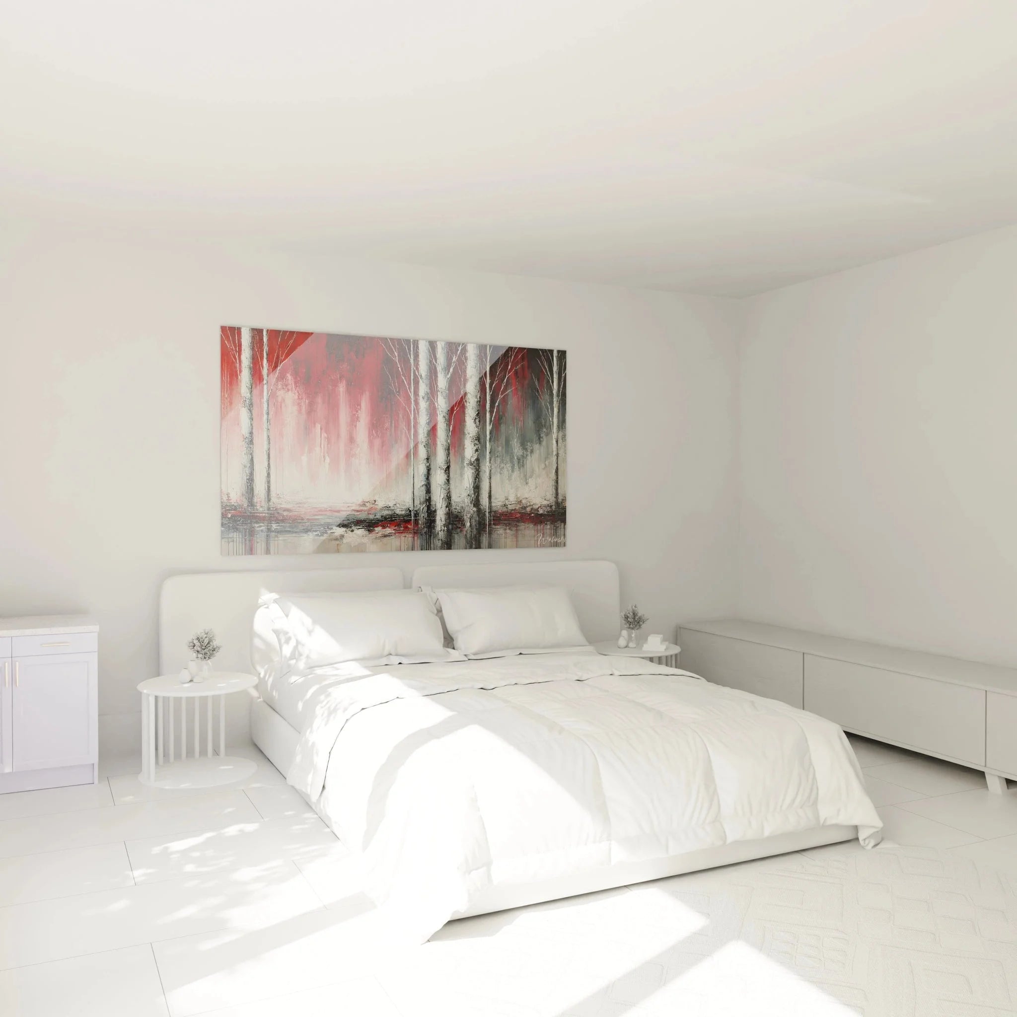 Wandbild Birkenwald abstrakt im Schlafzimmer - Rote Akzente für moderne Raumgestaltung