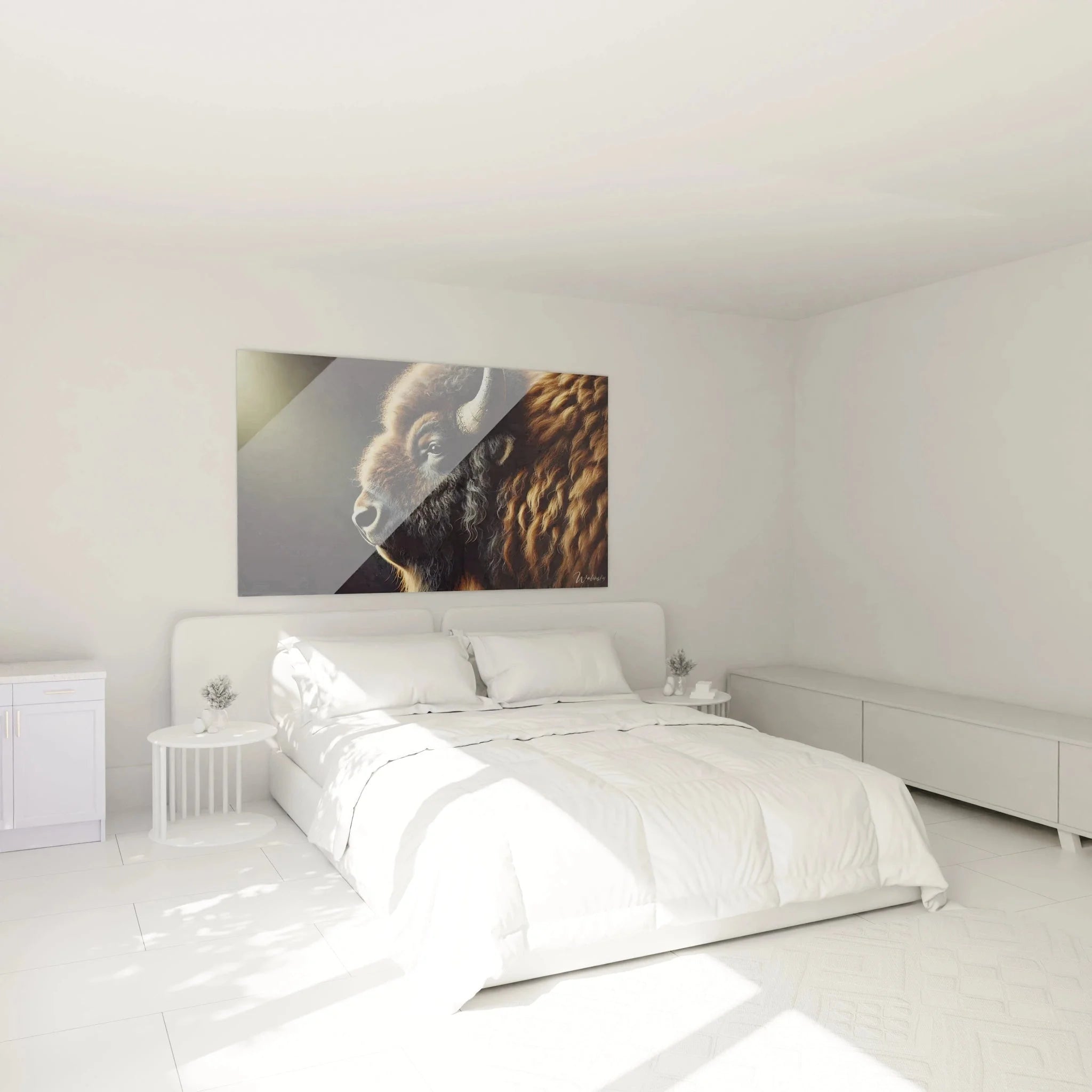 Bison Wandbild XXL im Schlafzimmer - Tierkunst Portrait als stilvolle Wanddekoration über dem Bett