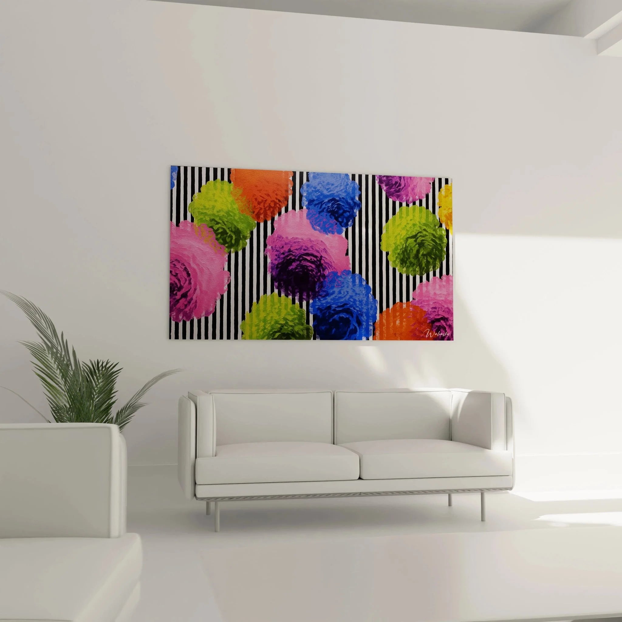 Detailansicht der bunten Blüten mit expressiven Pinselstrichen auf Streifen Hintergrund