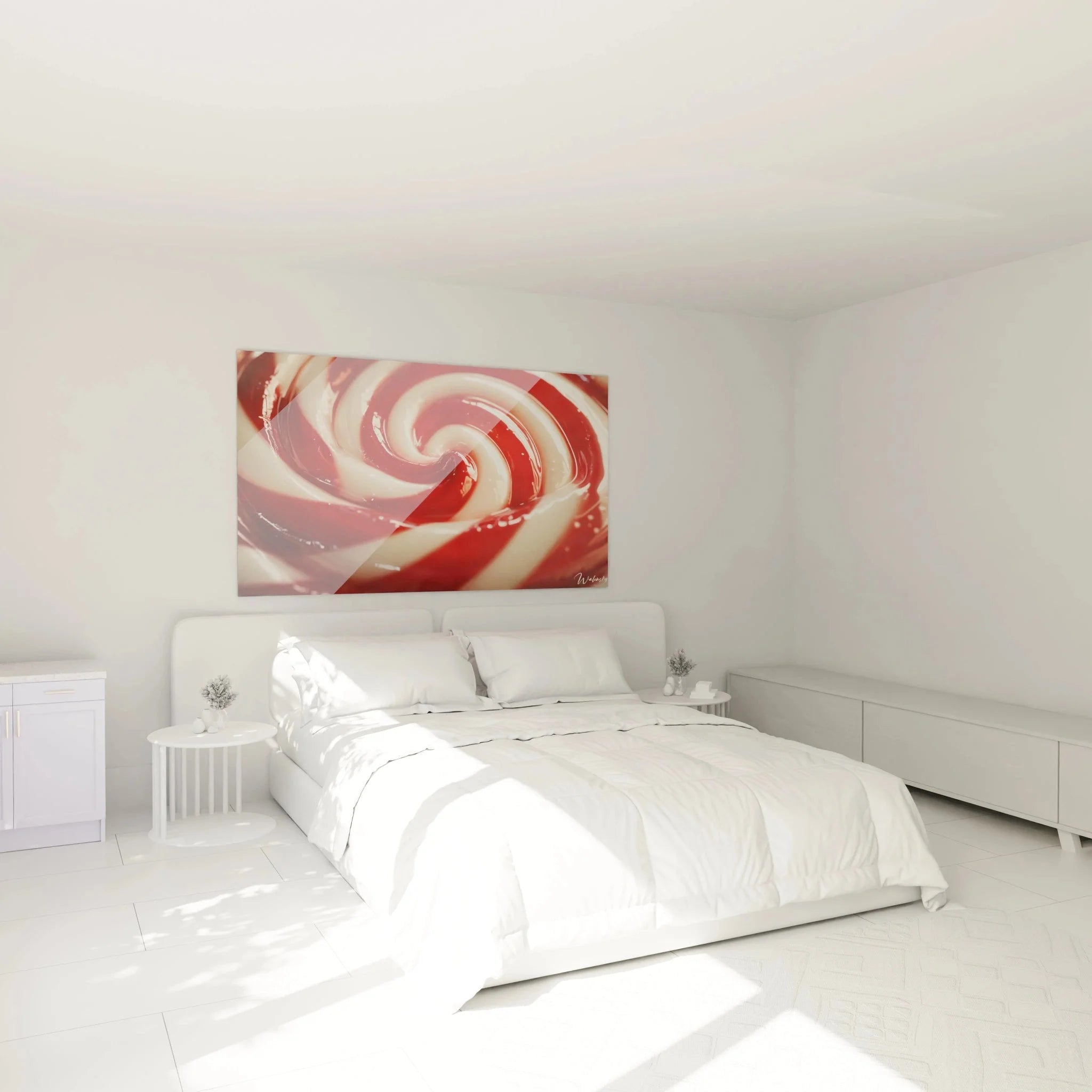 Süßigkeiten Wandbild Bonbon Spirale in modernem Schlafzimmer als dekorative Wandkunst