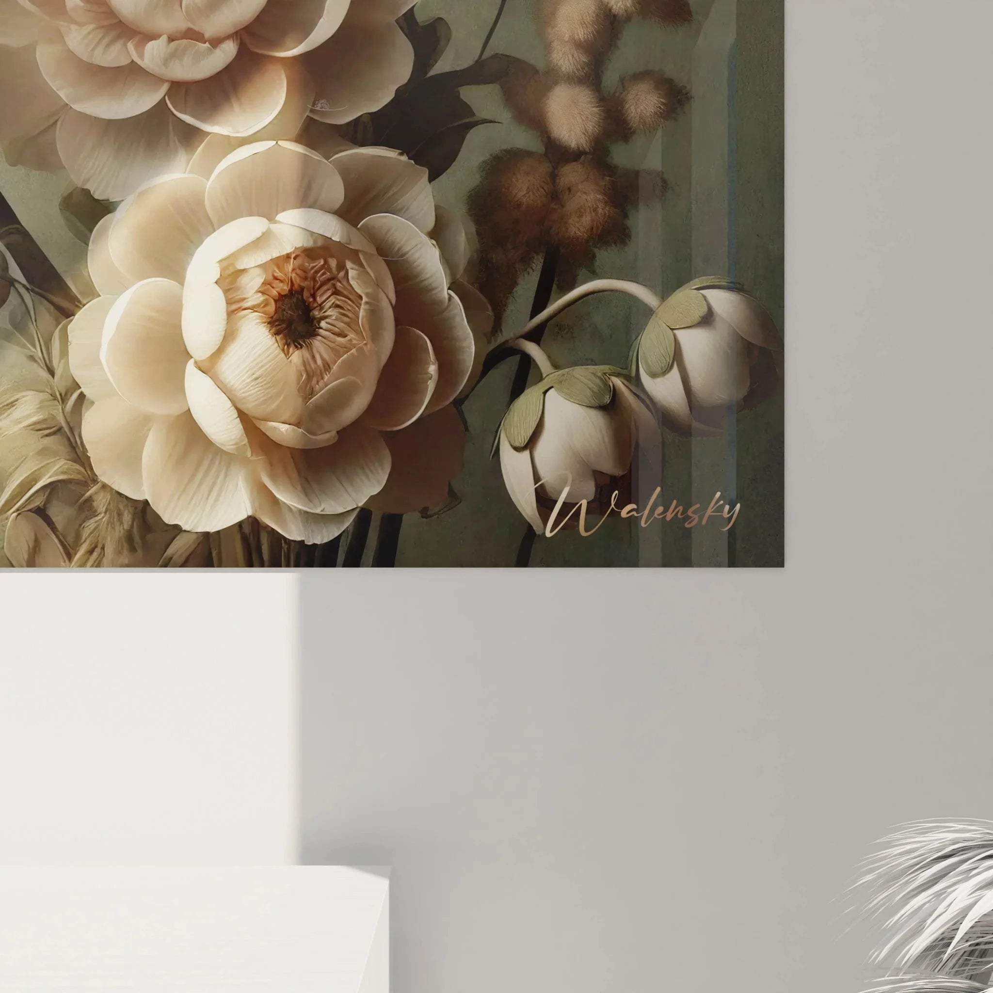 Gesamtansicht botanisches Papagei Wandbild mit üppigen Blüten und Weidenkätzchen in warmen Farbtönen