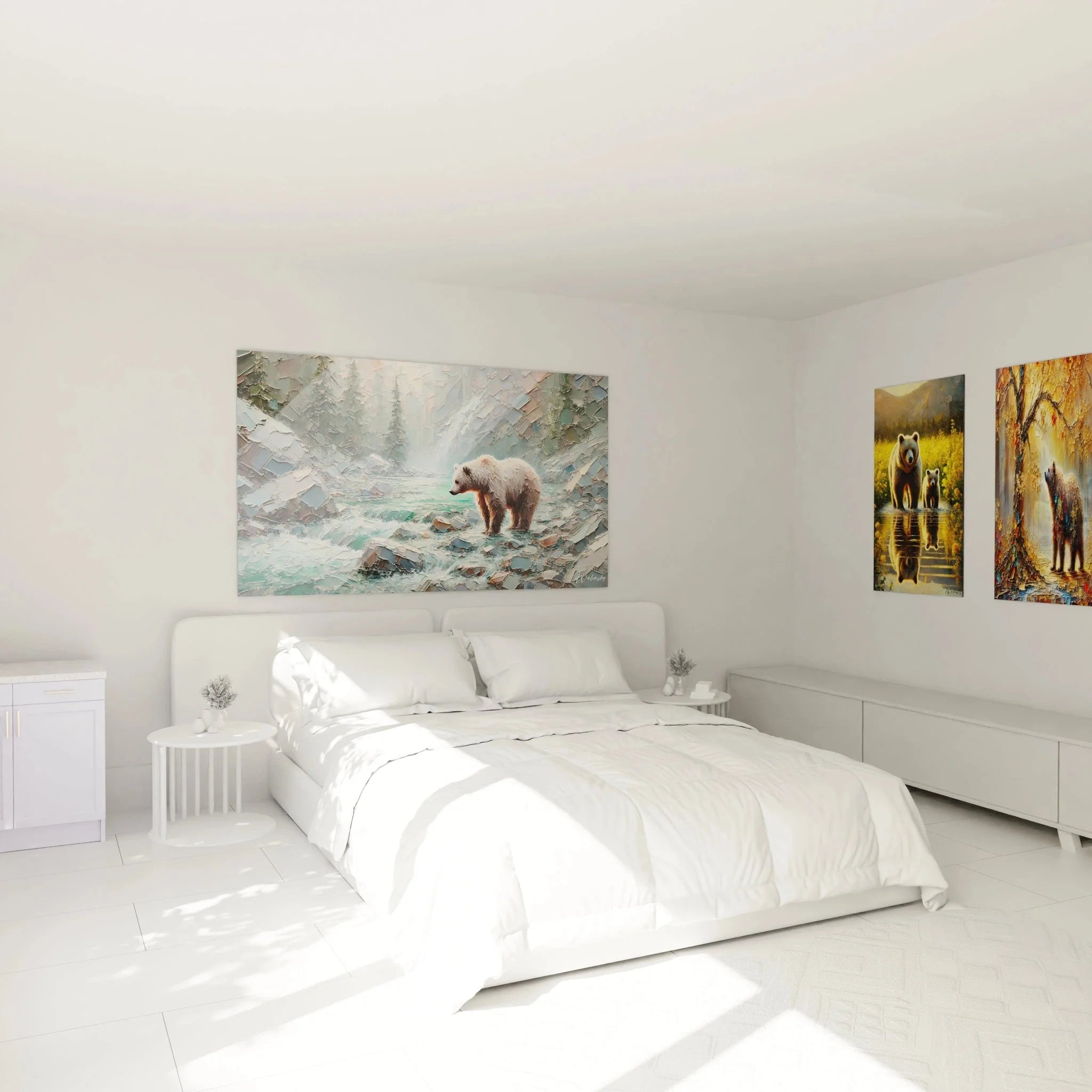 Braunbär Wandbild im Schlafzimmer - natürliche Wanddekoration mit Wildtier Motiv in Spachteltechnik