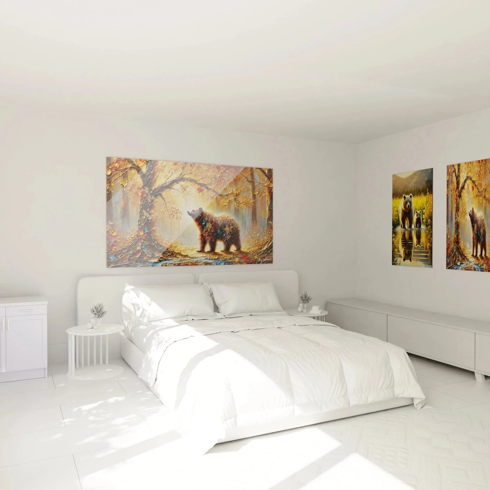 Braunbär Wandbild im Schlafzimmer - warme Herbstfarben für gemütliche Atmosphäre