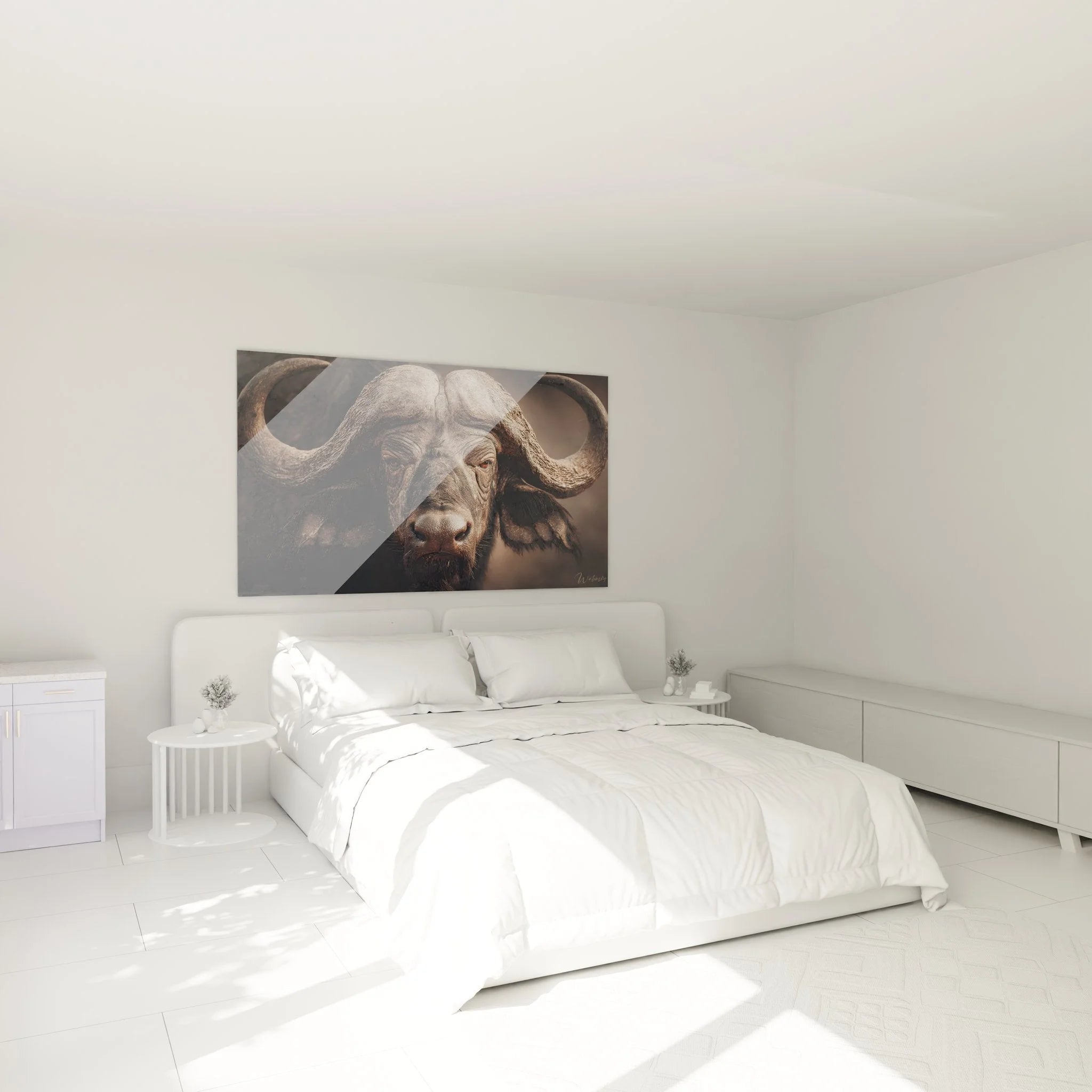 Büffel Wandbild im Schlafzimmer Ambiente kraftvolle Wanddekoration Safari Stil Leinwand