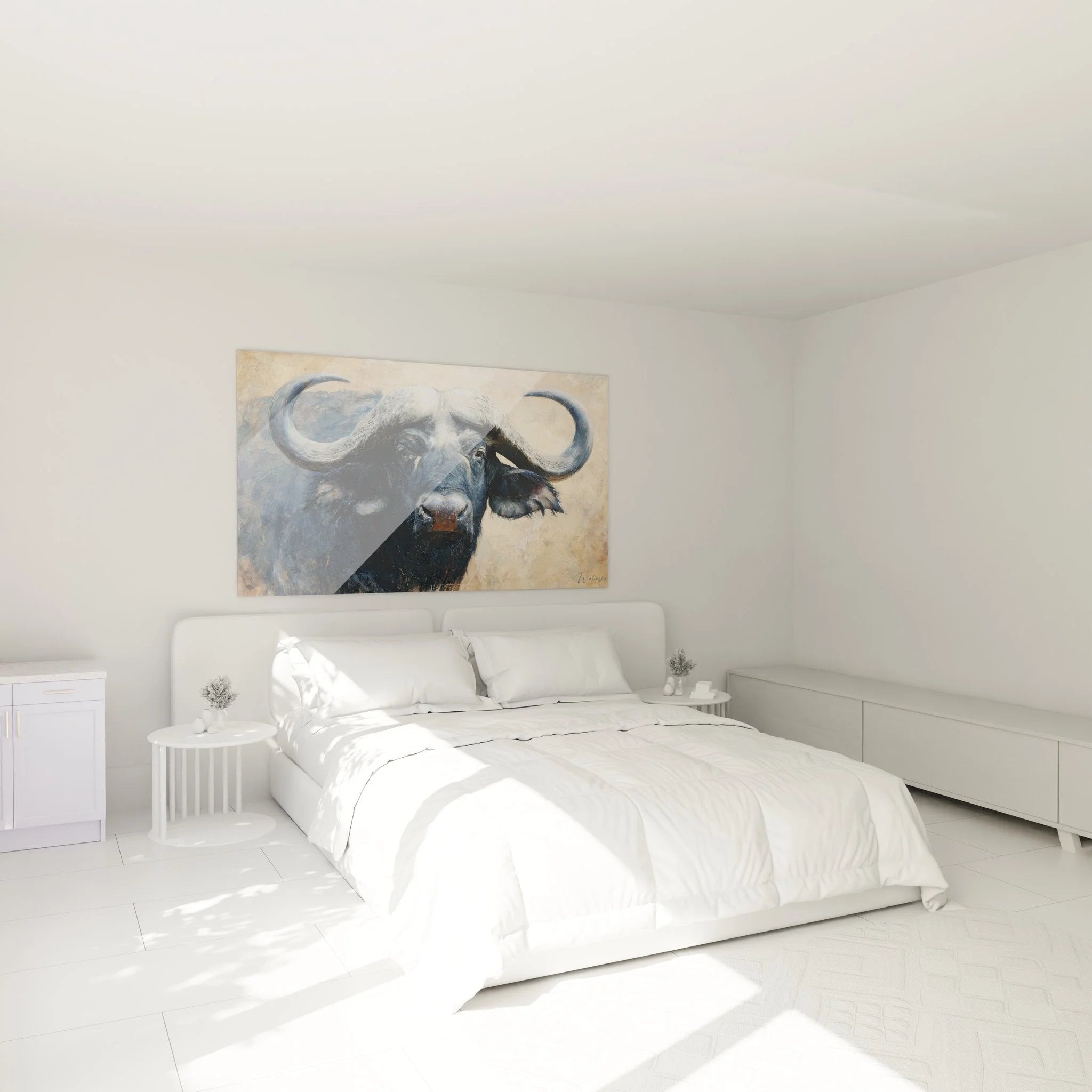 Büffel Wandbild in modernem Schlafzimmer - Kunstvolles Tierbild als elegante Wanddekoration