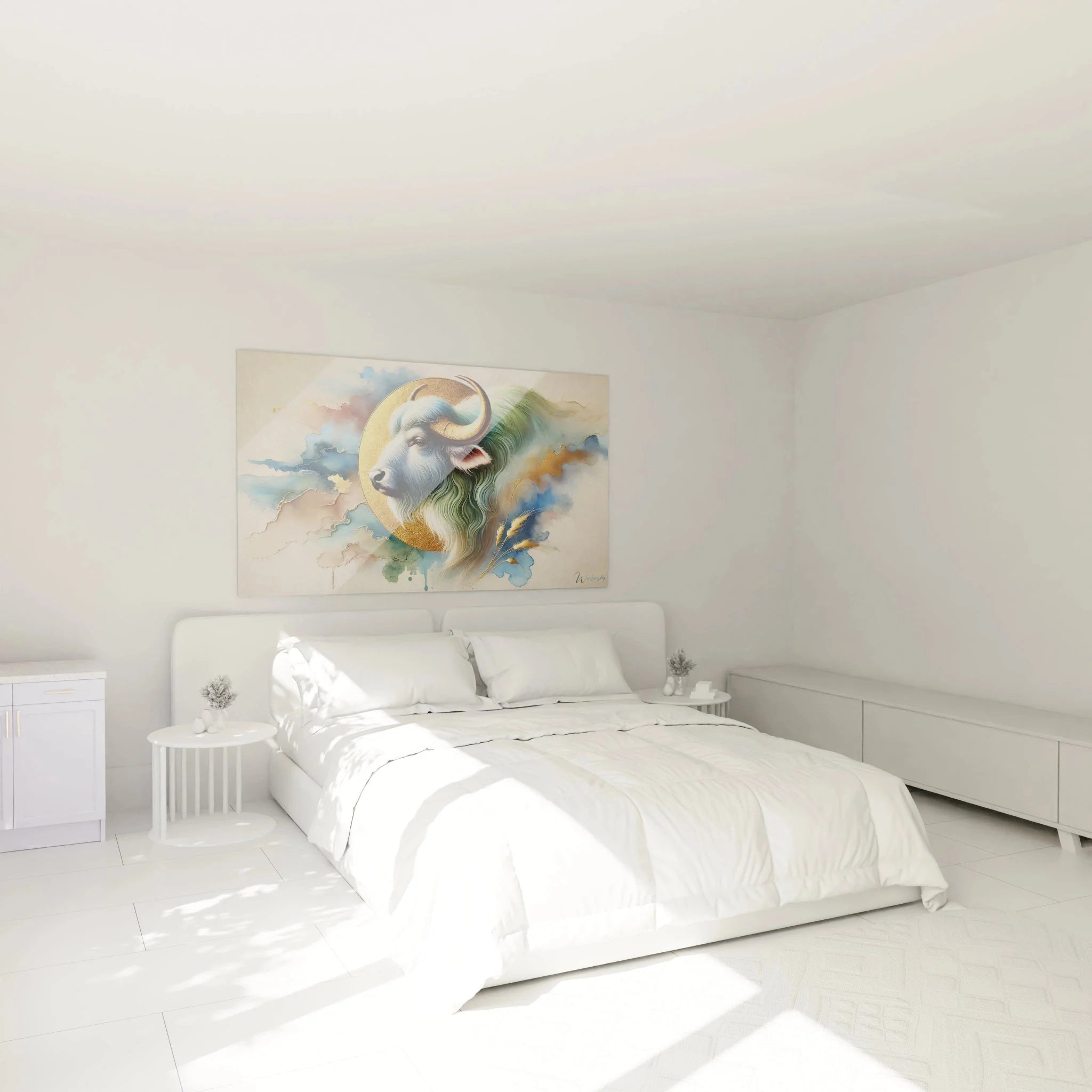 Büffel Wandbild XXL mit Heiligenschein im Schlafzimmer, mystische Tierdekoration in Aquarell-Optik