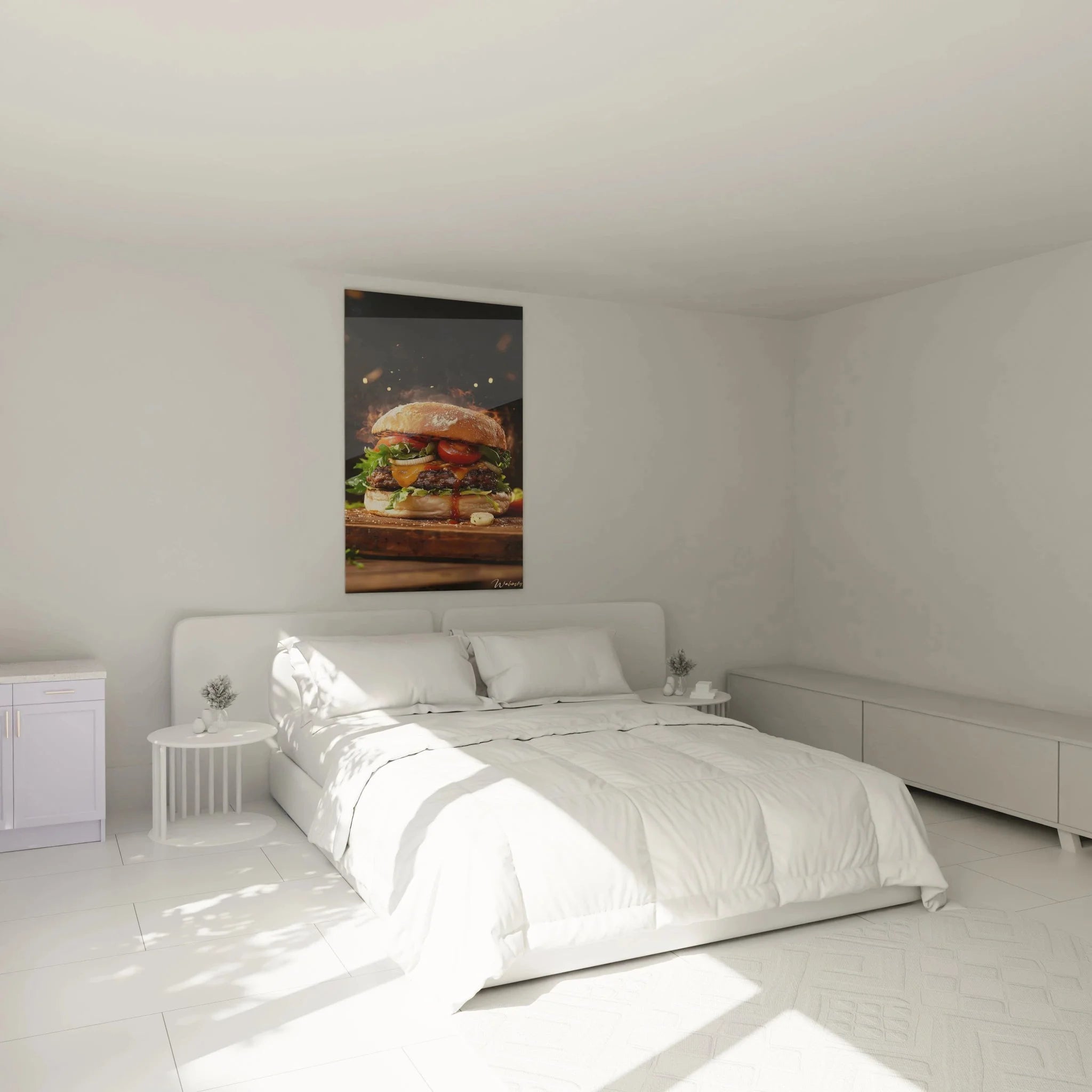 Burger Wandbild XXL in modernem Schlafzimmer als kulinarische Wanddekoration