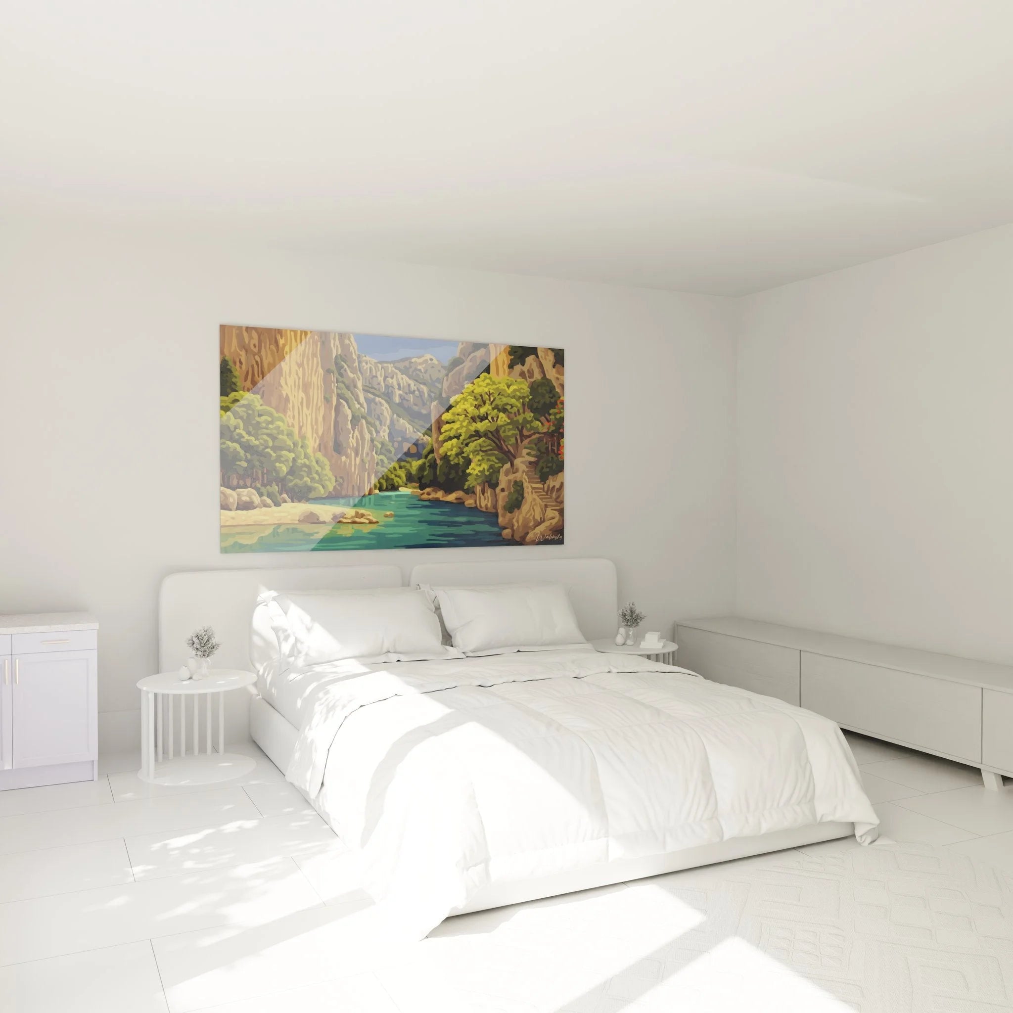 Canyon Oase Wandbild in Schlafzimmer Ambiente mit türkisfarbenem Wasser und Felswänden