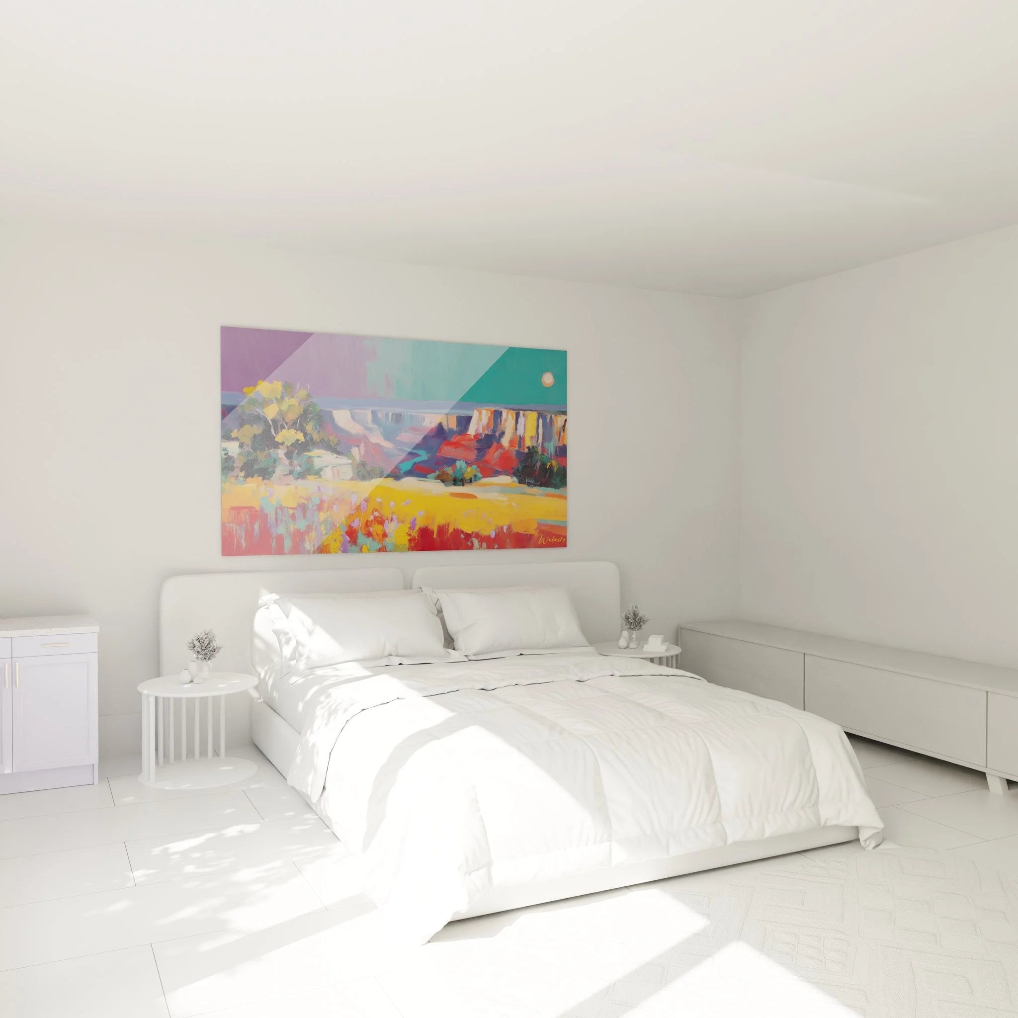 Canyon-Wandbild XXL in modernem Schlafzimmer - farbenfrohe Wüstenlandschaft als Wanddekoration