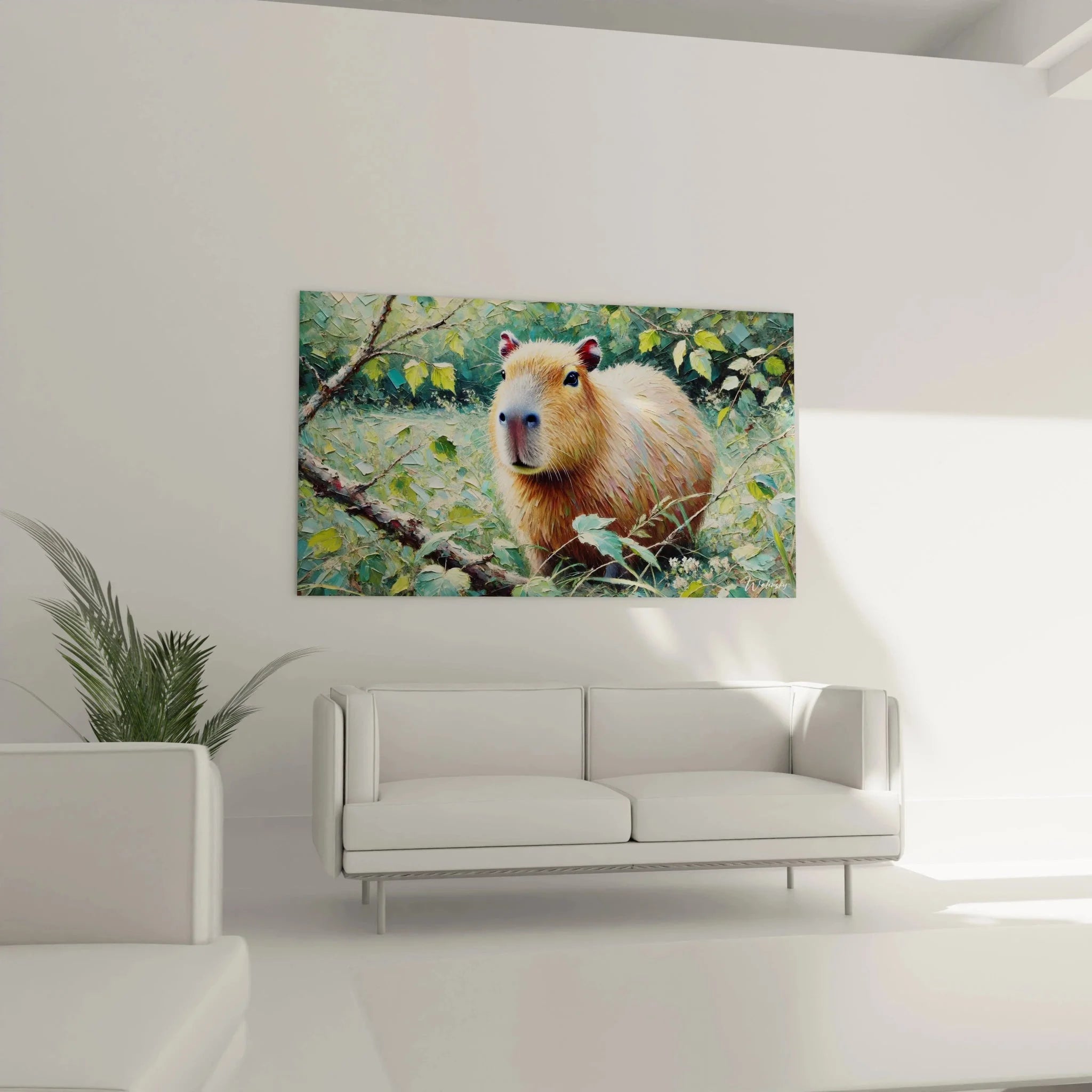 Nahaufnahme Capybara Wandkunst - detailreiches Wasserschwein Porträt mit goldenem Fell