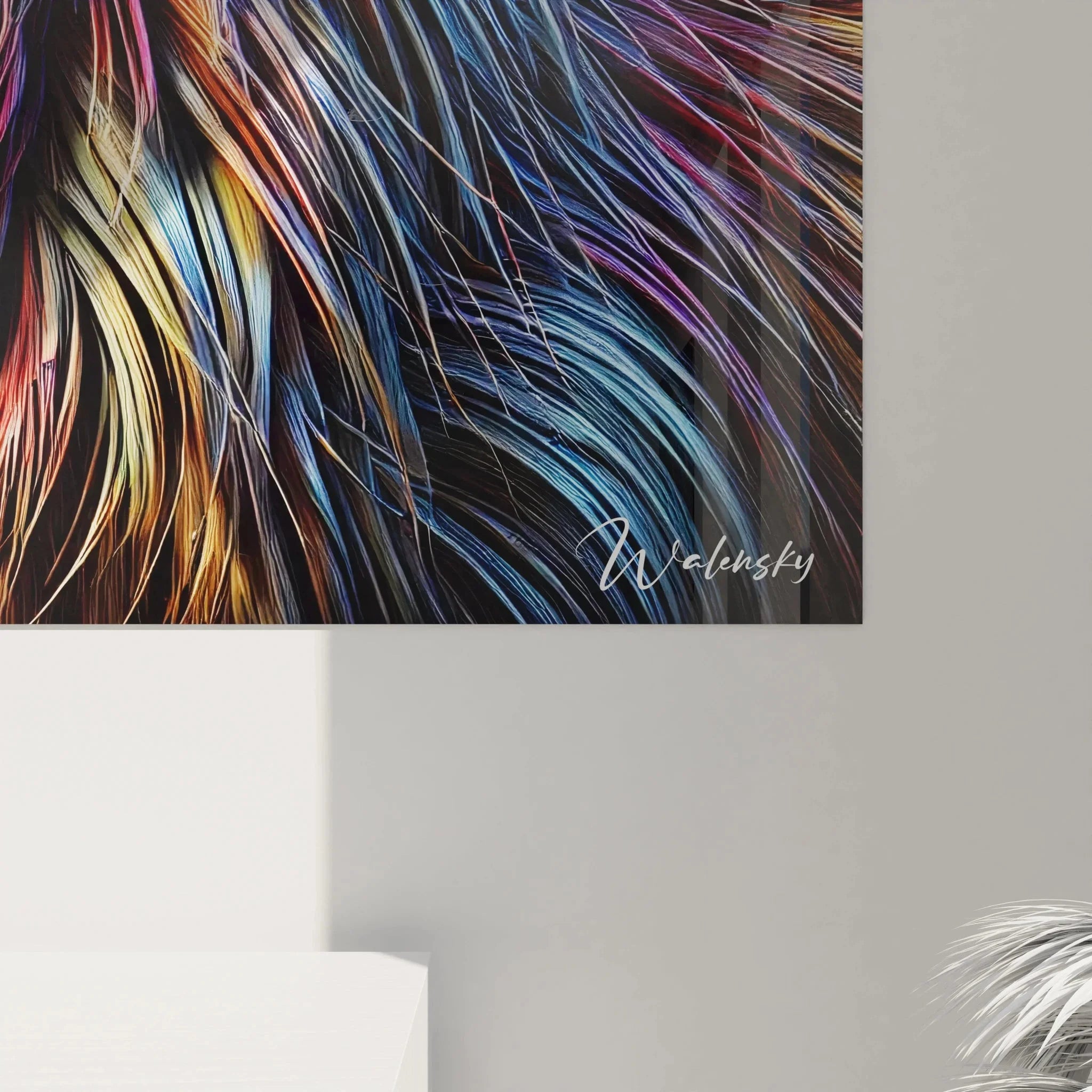 Gesamtansicht modernes Capybara Wandbild mit spektakulärem Regenbogen-Fell und ausdrucksstarken blauen Augen