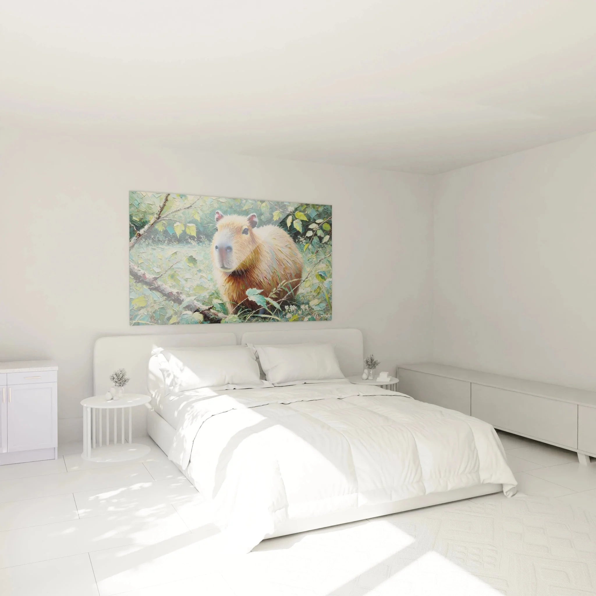 Capybara Wandbild XXL in modernem Schlafzimmer - Wasserschwein Kunstdruck als Wanddekoration