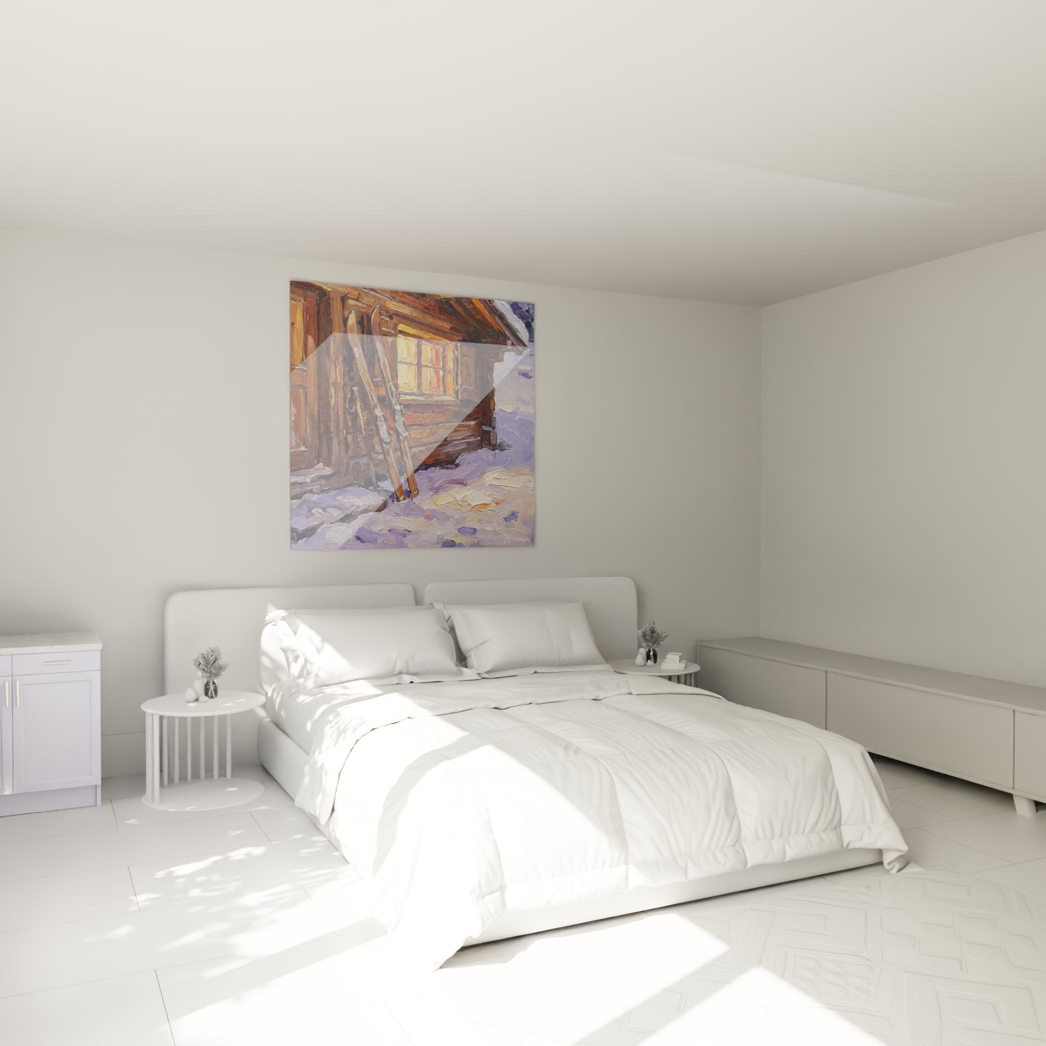 Skihütten Wandbild im Schlafzimmer schafft winterliche Gemütlichkeit und alpine Atmosphäre