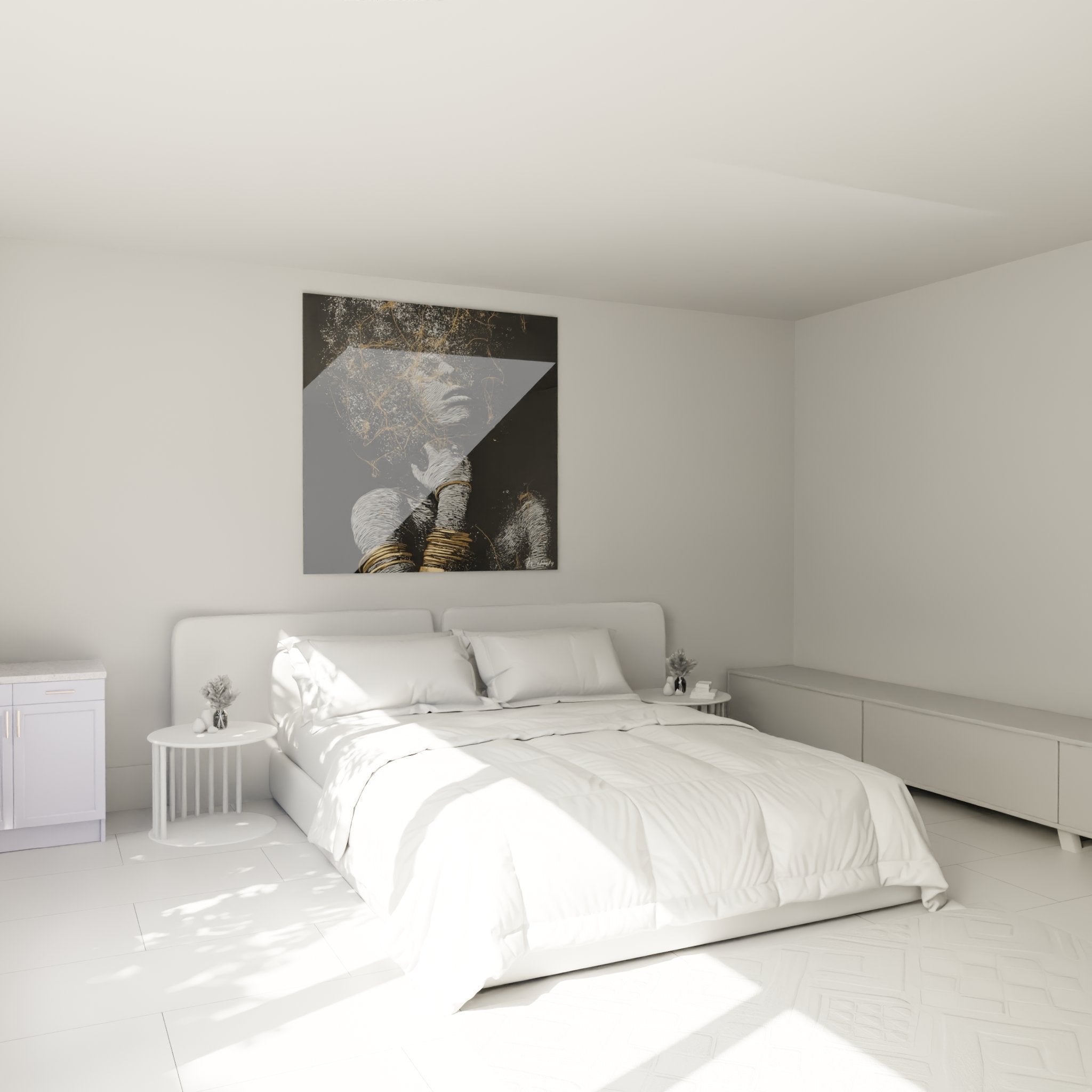 Elegantes Schlafzimmer mit Wandbild afrikanische Frau in Gold-Schwarz-Weiß als stilvolle Wanddekoration