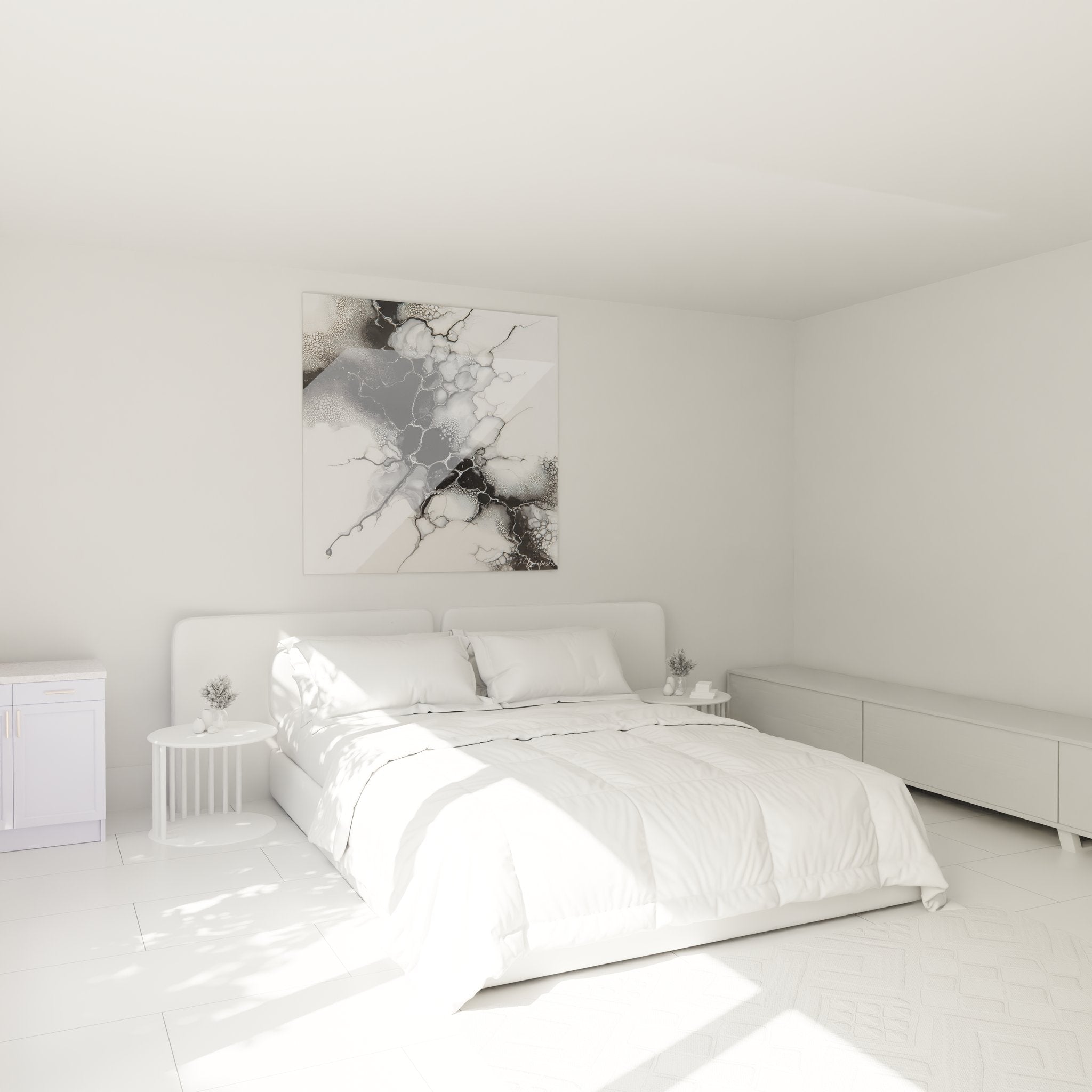 Elegantes Schlafzimmer mit abstraktem schwarz-weißem Fluidkunst-Wandbild über dem Bett als Dekoration