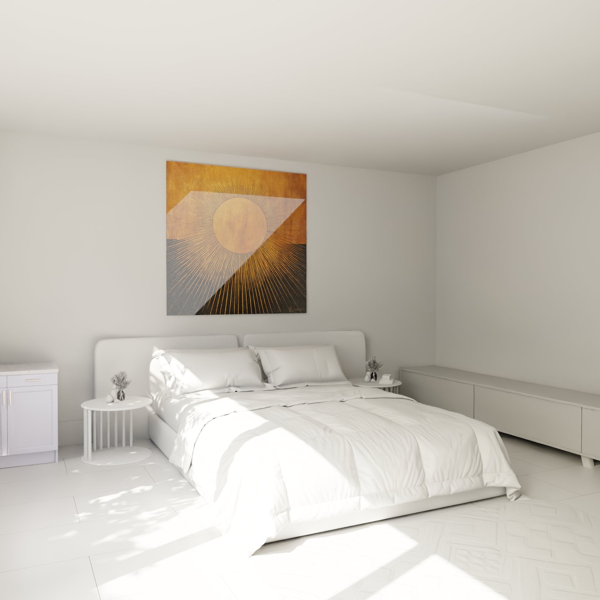 Goldenes Sonnenwandbild im eleganten Schlafzimmer mit warmer Beleuchtung und afrikanischem Flair