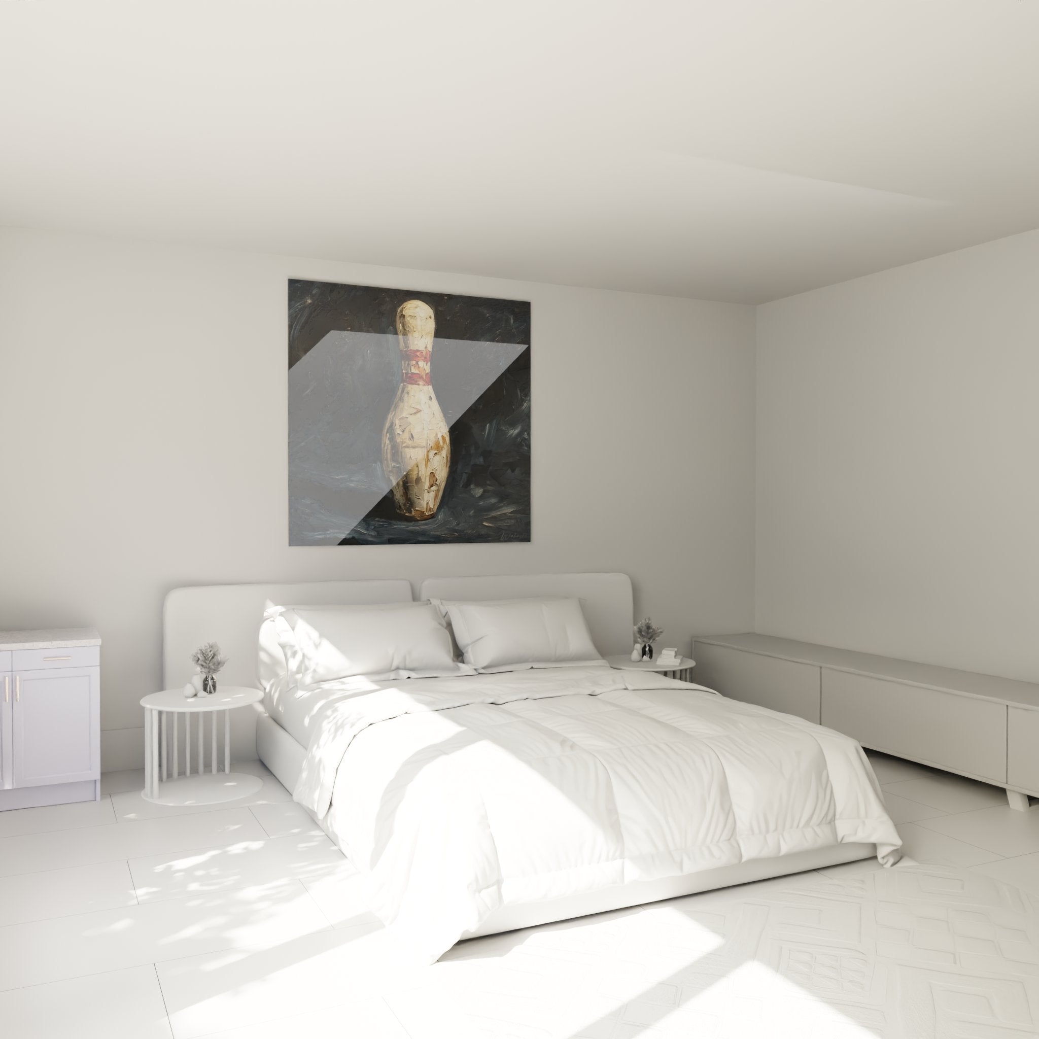 Bowling-Kegel Ölgemälde als stilvolle Wanddekoration im modernen Schlafzimmer-Ambiente