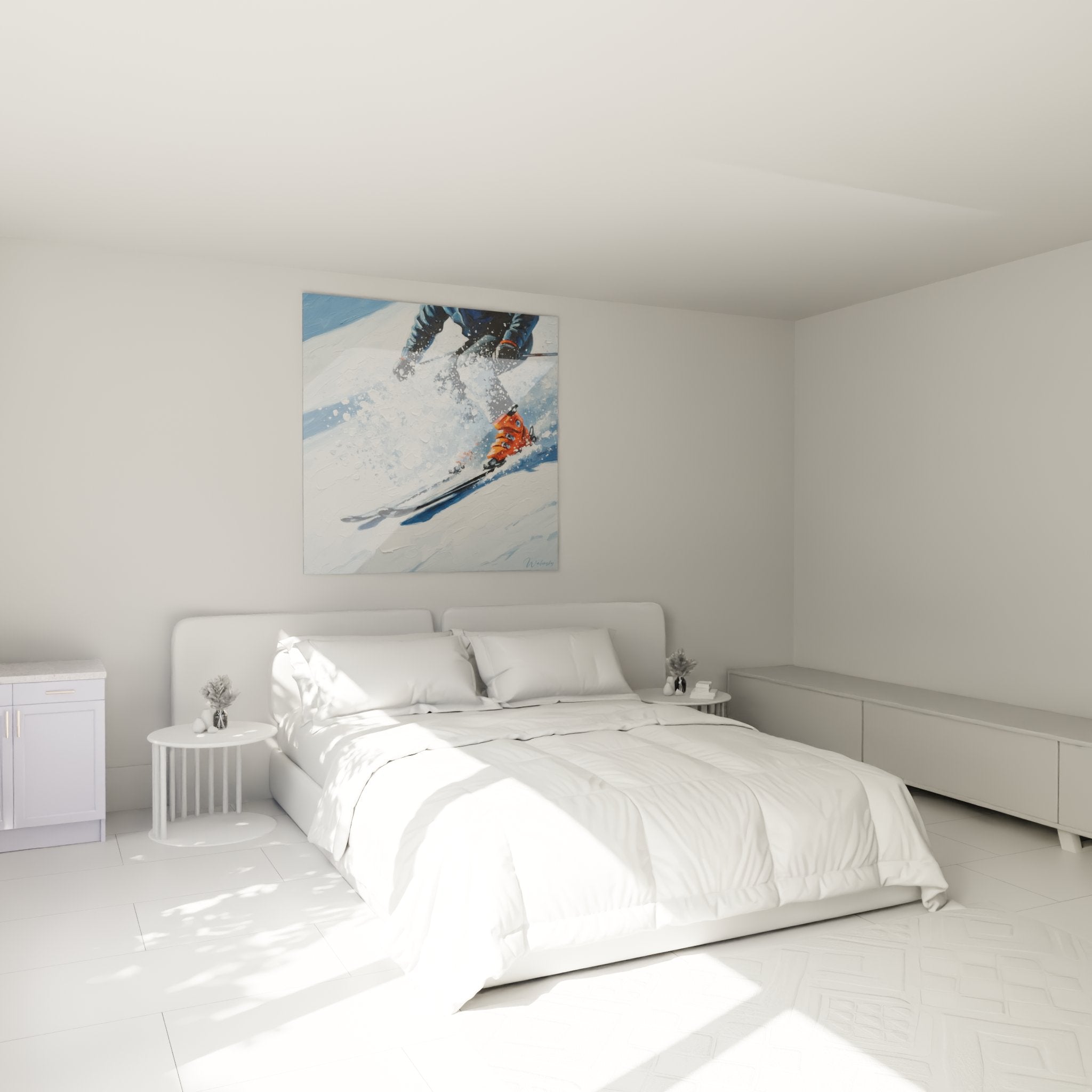 Skifahrer Wandbild im Schlafzimmer - Wintersport Kunst als stilvolle Wanddekoration über dem Bett