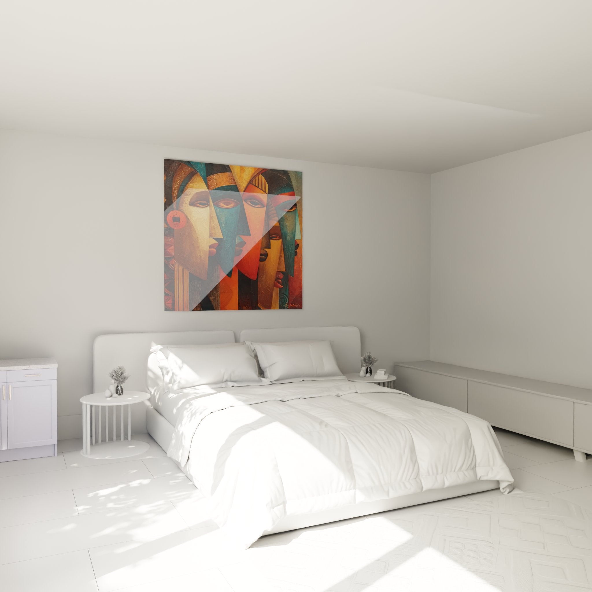 Afrikanische Masken Wandbild im modernen Schlafzimmer mit warmer Beleuchtung und natürlichen Materialien