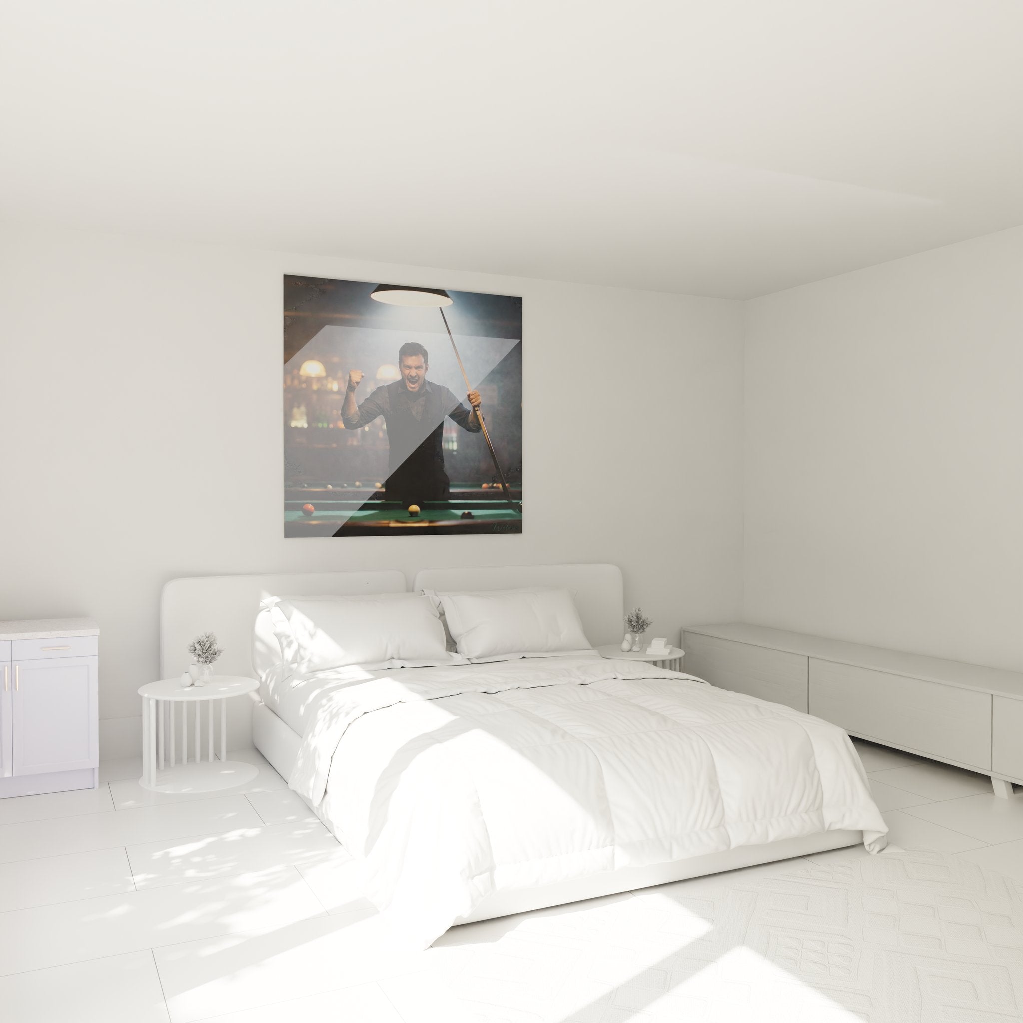 Billard Champion Wandbild als stilvolle Dekoration im modernen Schlafzimmer mit warmem Ambiente