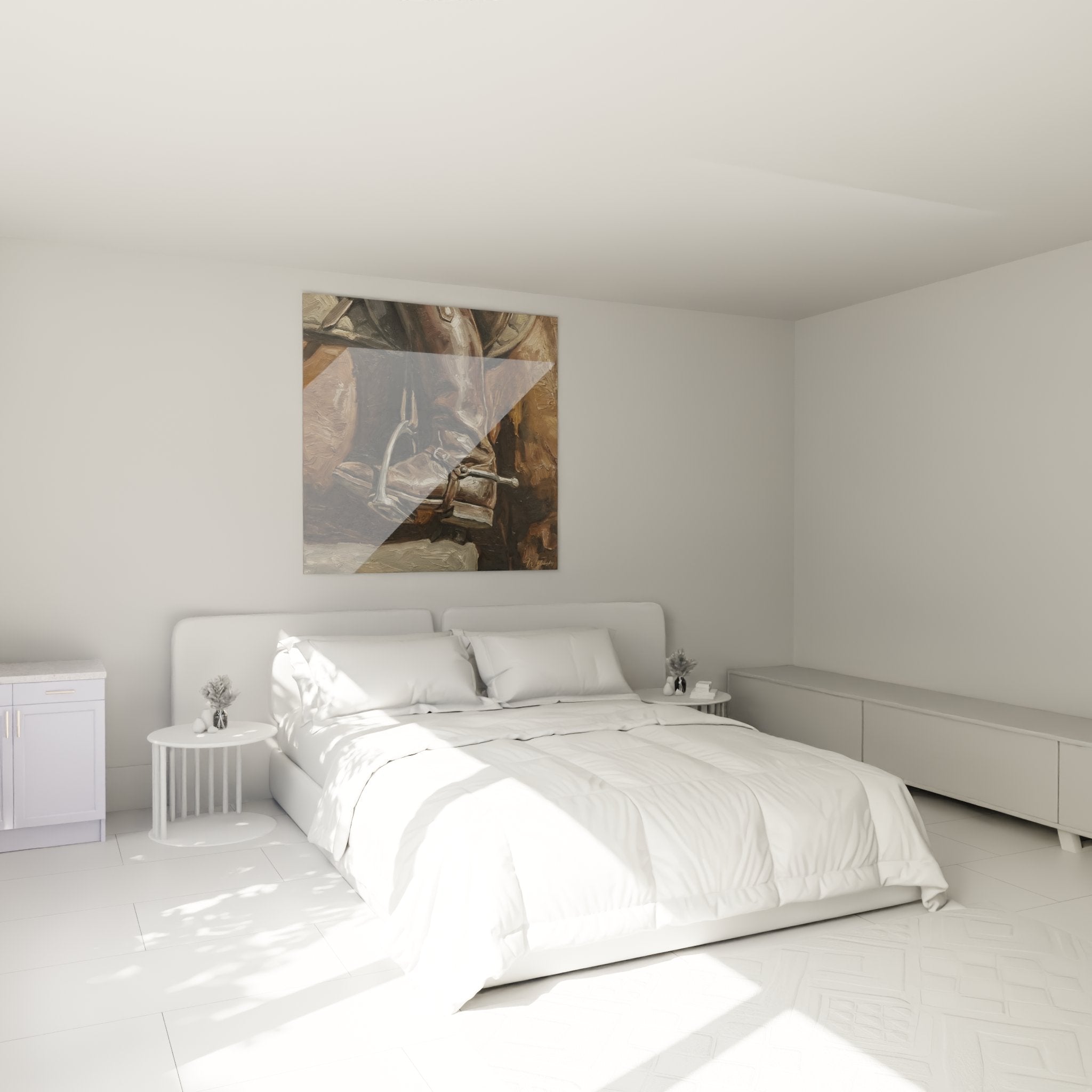 Wandbild Reiterstiefel mit Sporen als stilvolle Dekoration im gemütlichen Schlafzimmer-Ambiente