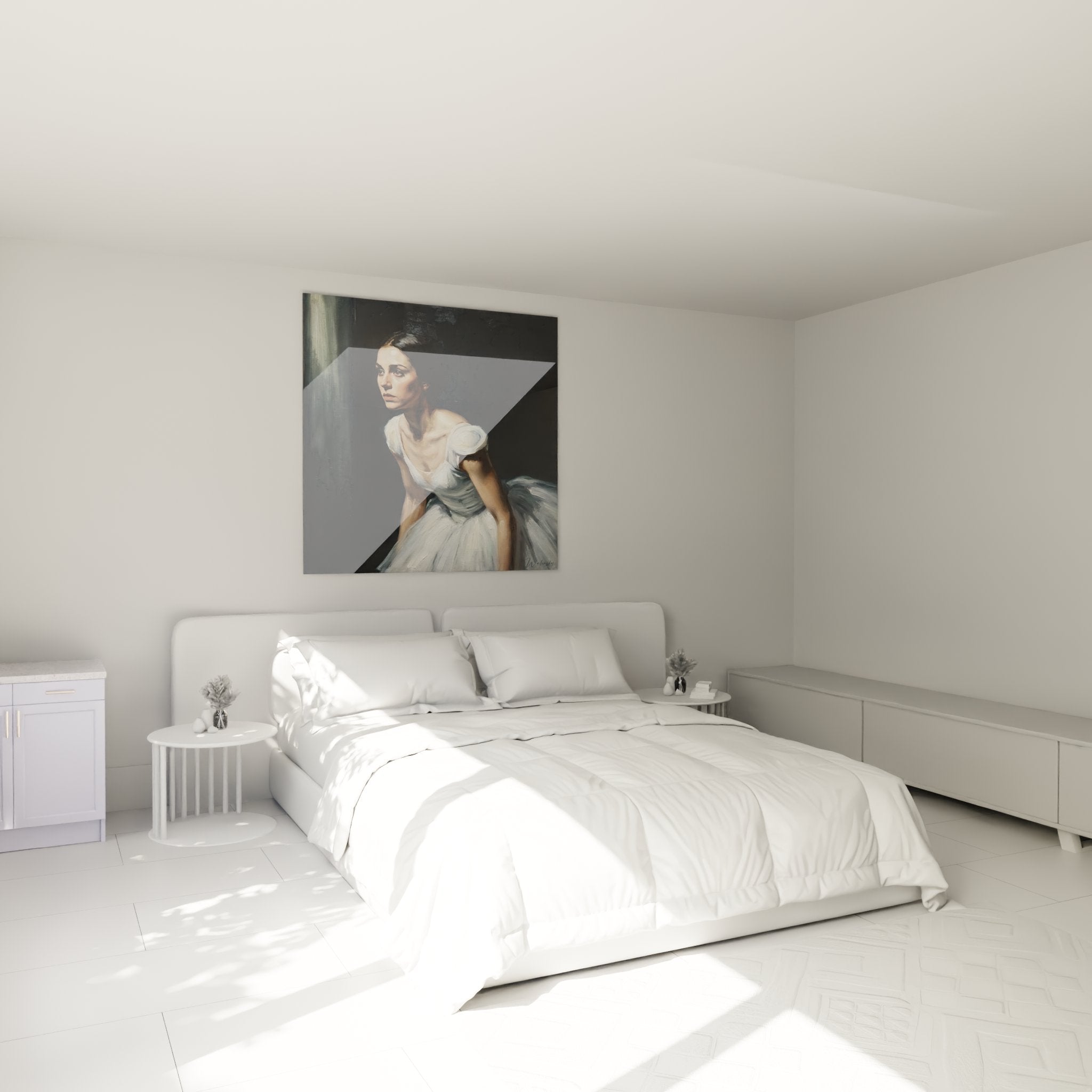 Wandbild Ballerina im weißen Tutu als stilvolle Dekoration im modernen Schlafzimmer