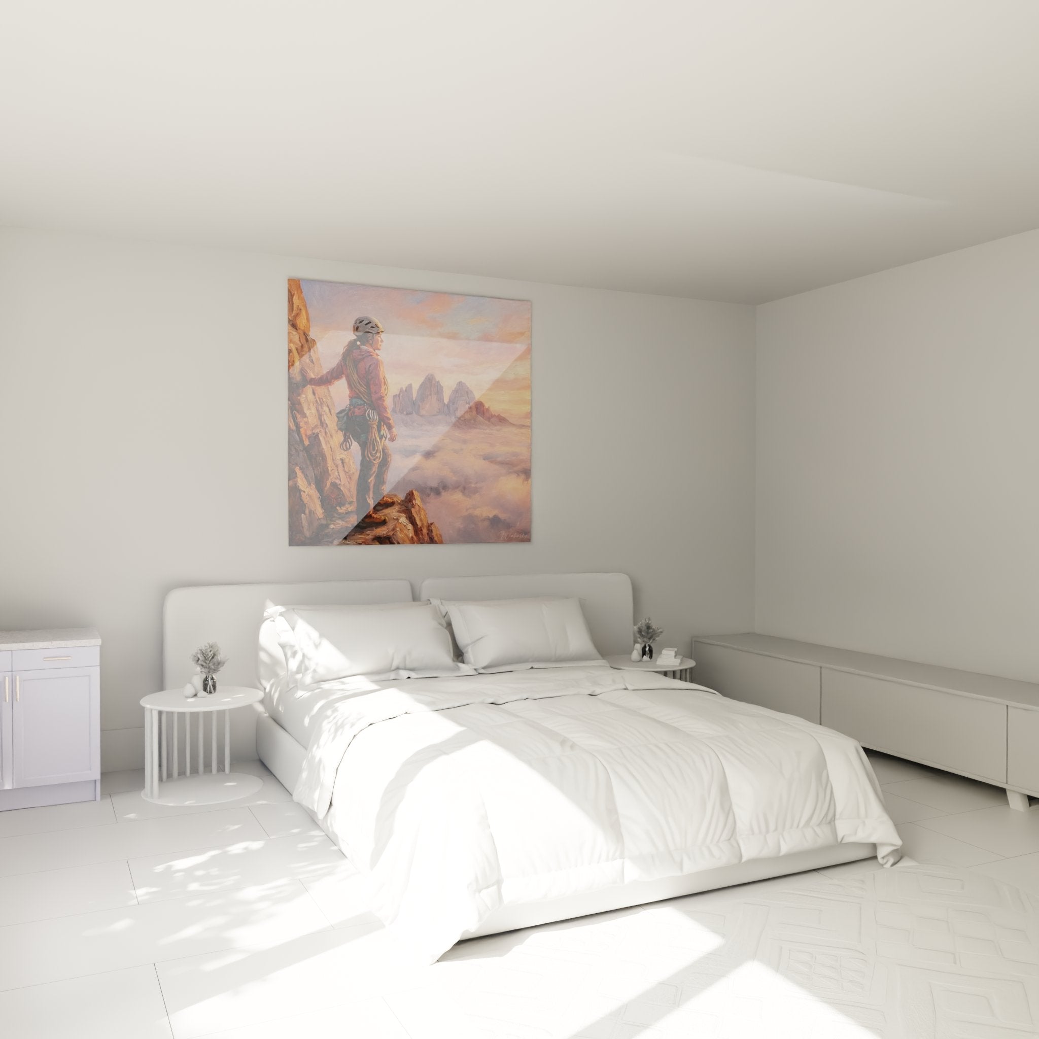 Klettern Wandbild Bergsteigerin Sonnenuntergang im Schlafzimmer Ambiente - warme Farben Berge Dekoration