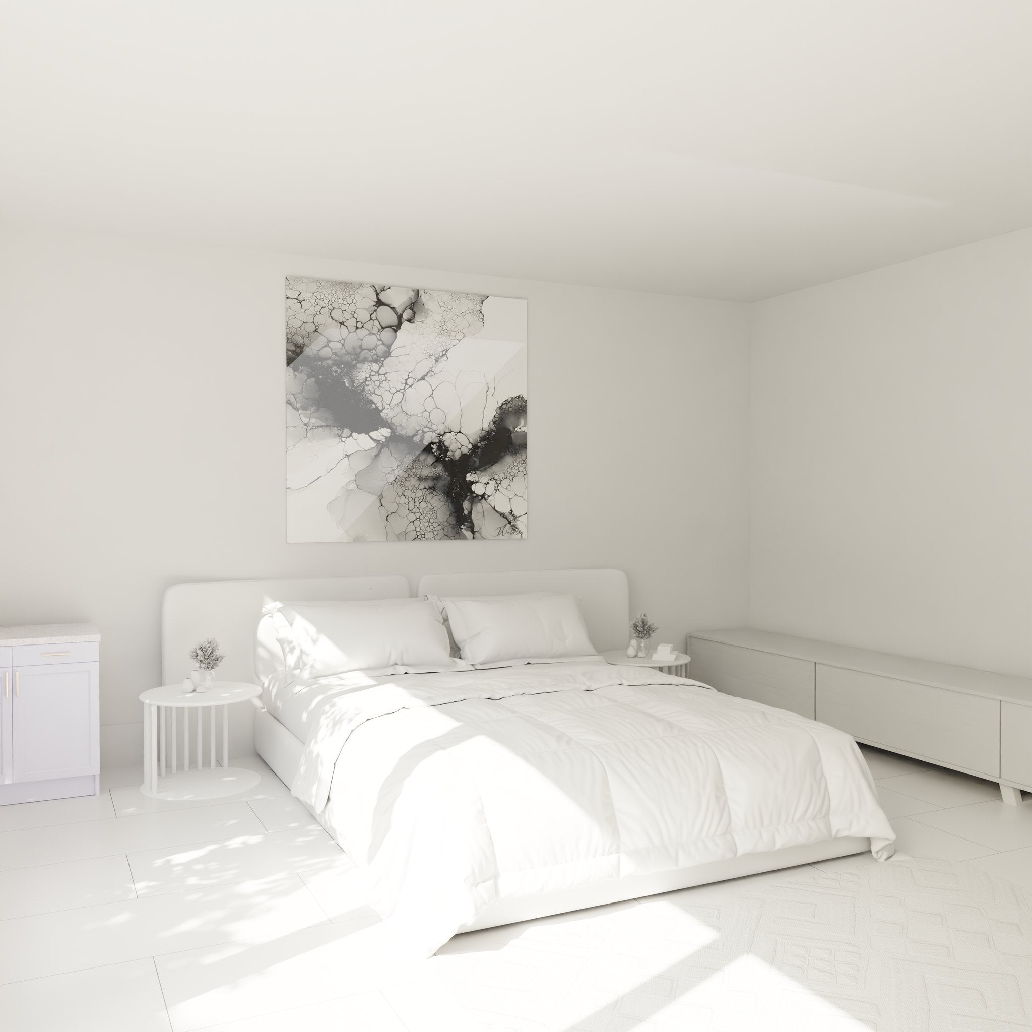 Elegantes abstraktes Wandbild im Schlafzimmer mit organischen Strukturen in schwarz-weiß für beruhigende Atmosphäre