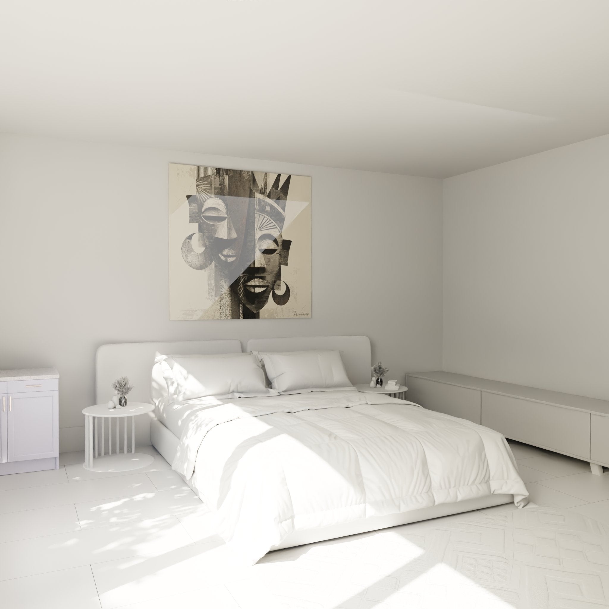 Wandbild afrikanische Masken abstrakt im Schlafzimmer mit warmer Beleuchtung und modernem Ambiente