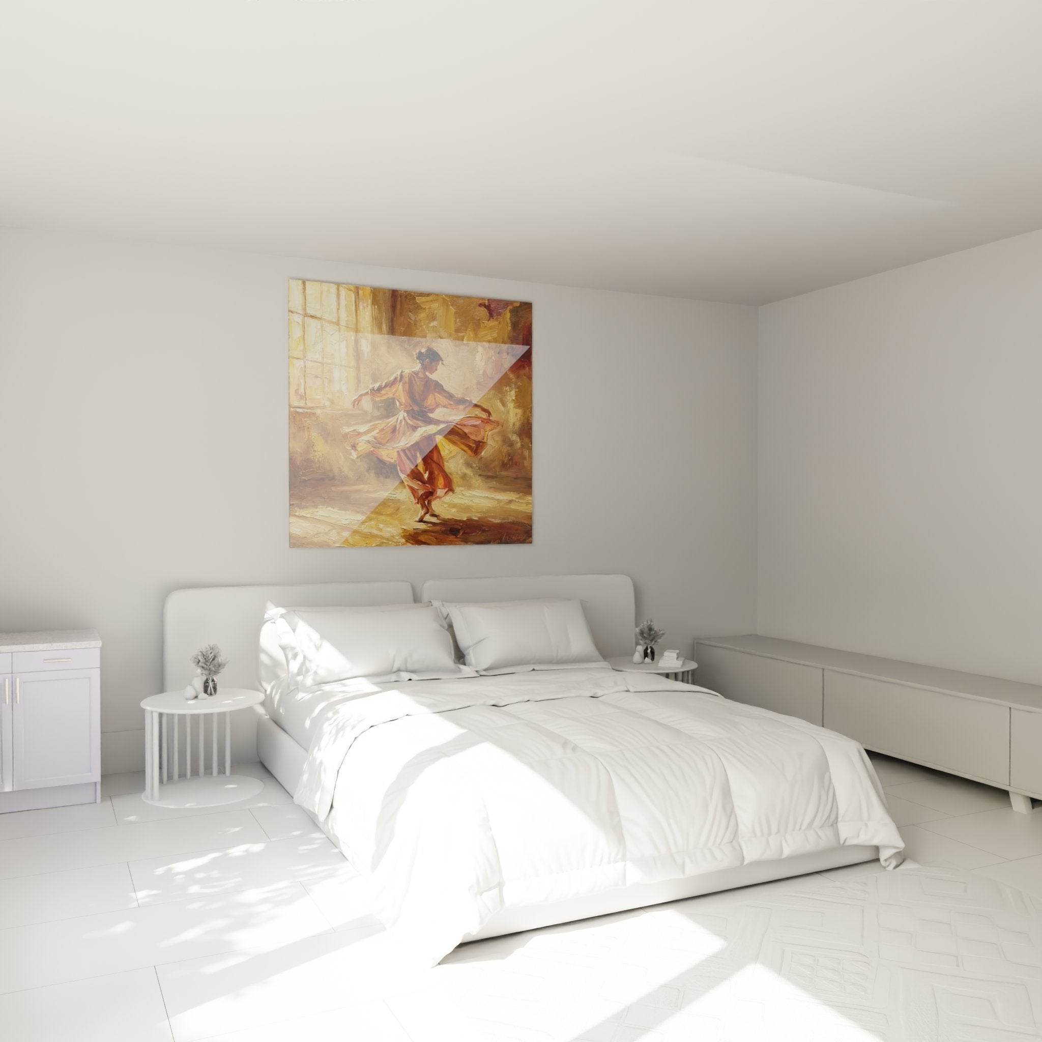 Wandbild tanzende Frau in goldenen Tönen harmonisch integriert in moderne Schlafzimmer-Einrichtung