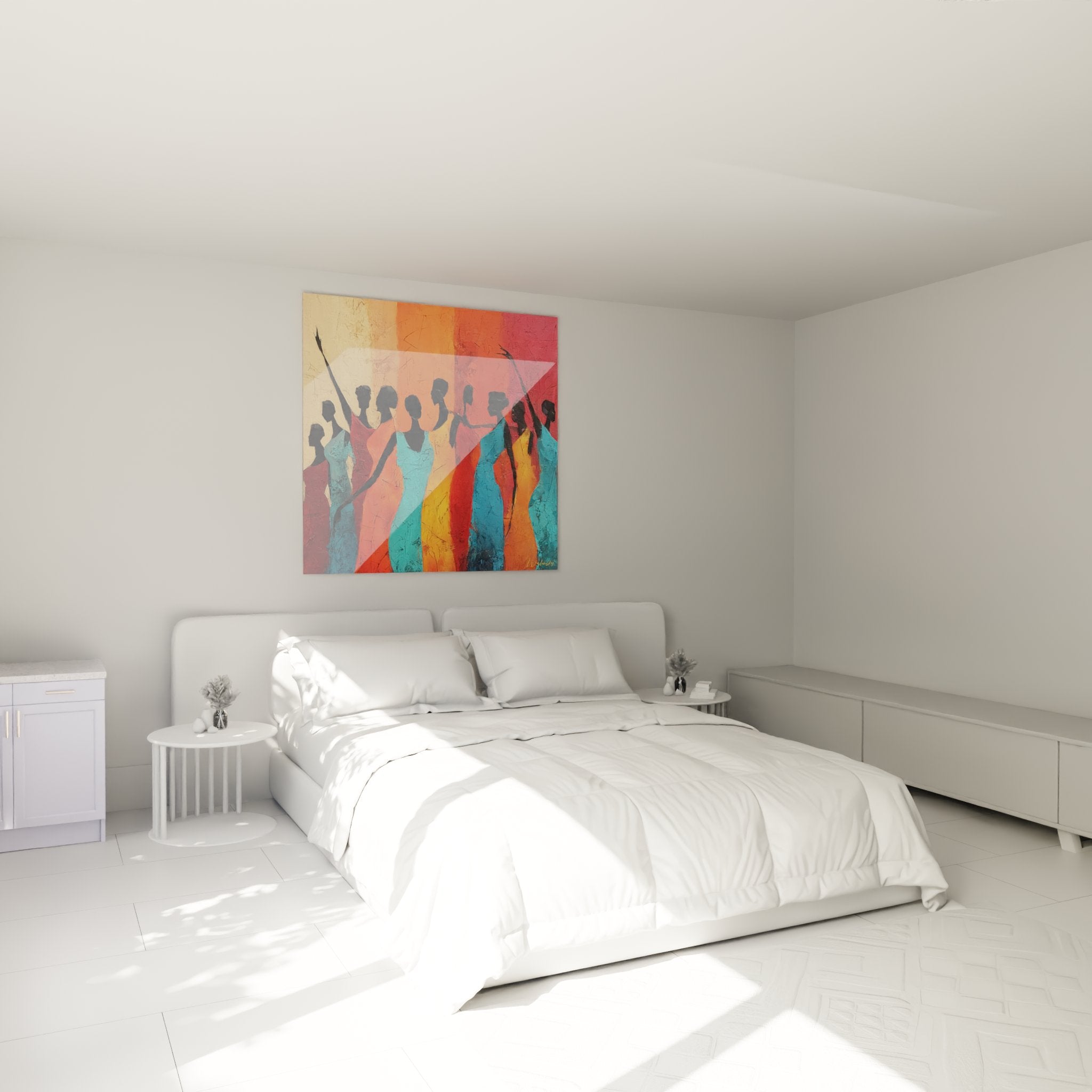 Schlafzimmer Dekoration mit Wandbild tanzender Figuren in warmen Farbtönen, moderne afrikanische Kunst