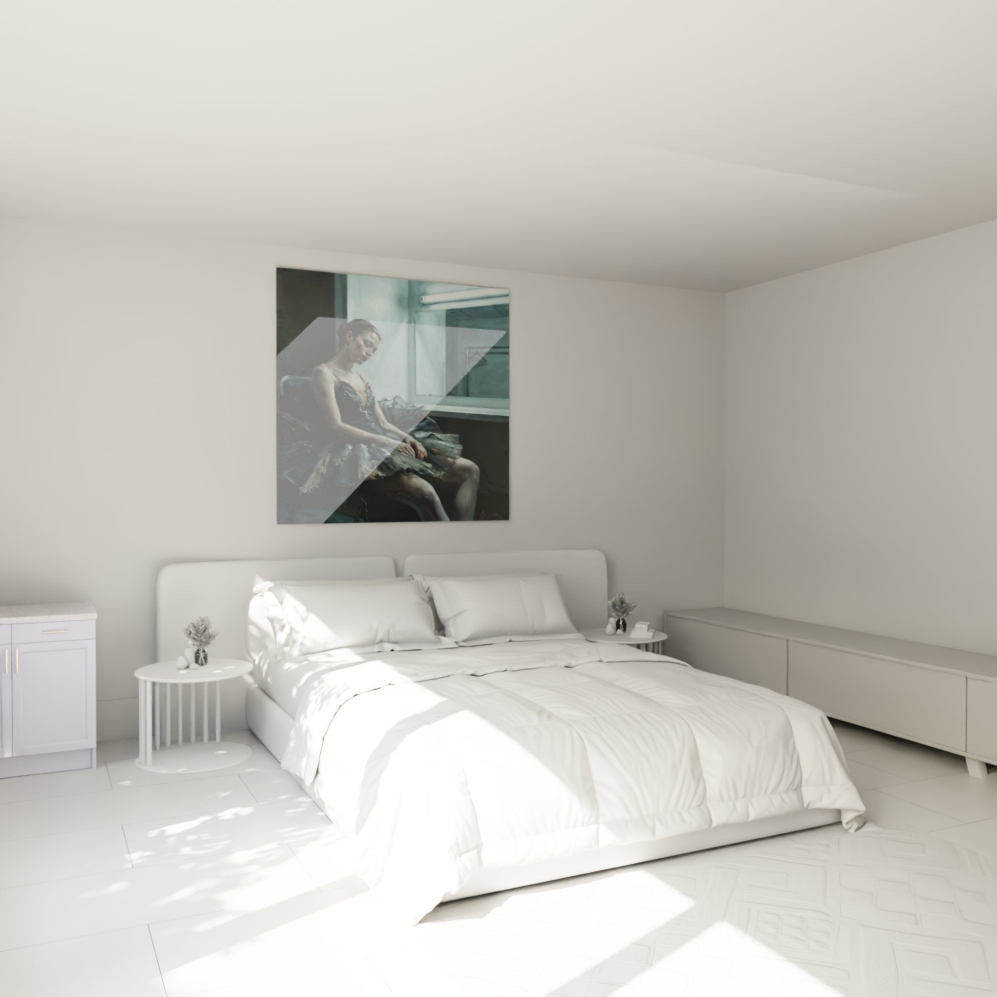 Ballerina Wandbild in modernem Schlafzimmer über Bett, emotionale Tanz-Kunst als Wanddekoration