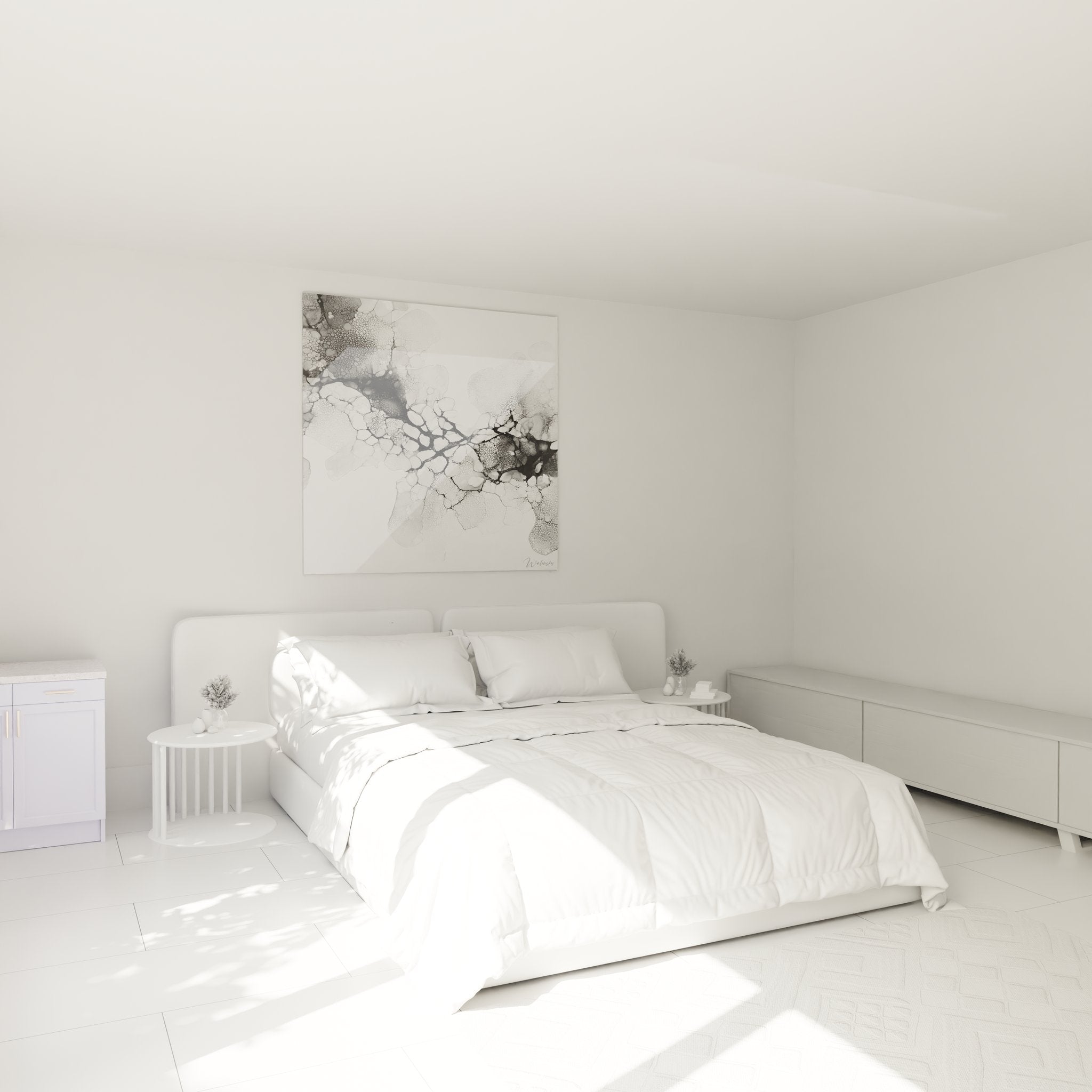 Elegantes abstraktes Wandbild mit Tintentexturen als stilvolle Dekoration im modernen Schlafzimmer