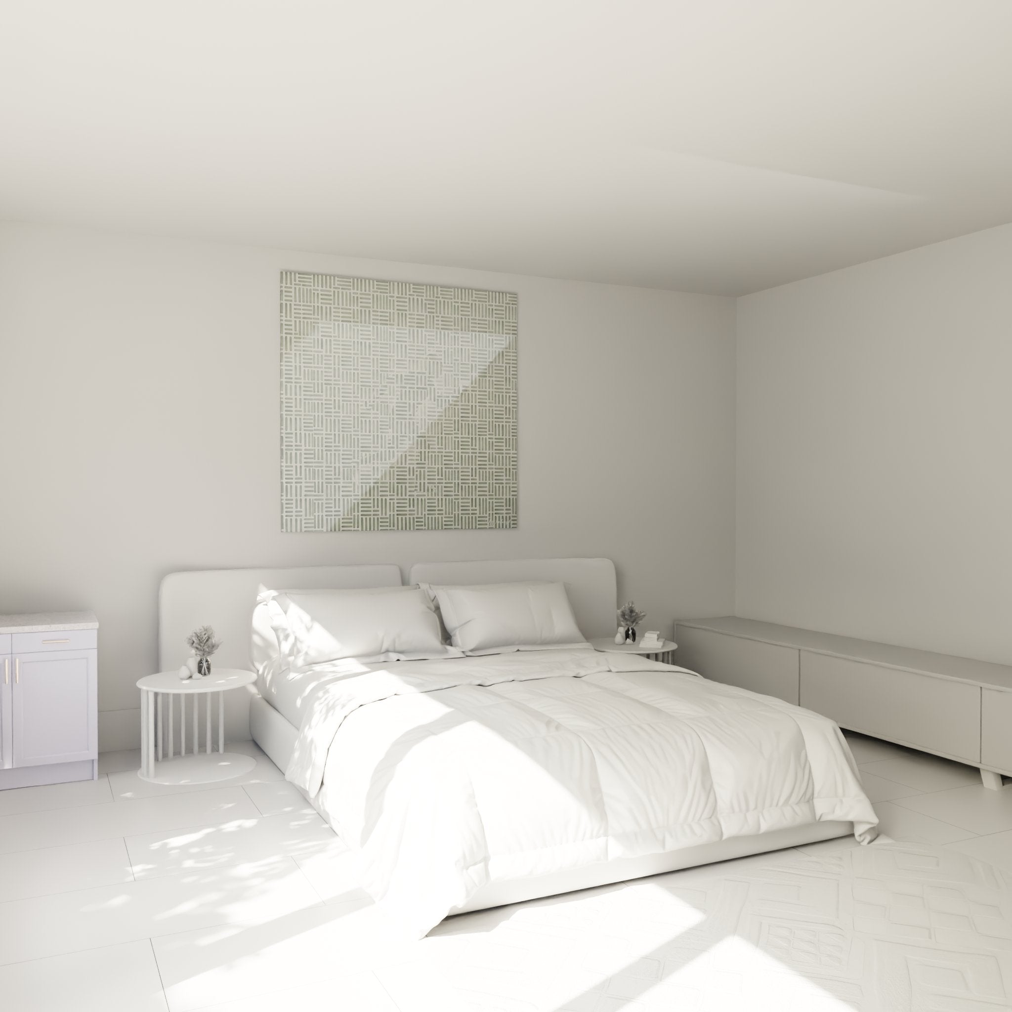 Geometrisches Linienmuster-Wandbild im Schlafzimmer für moderne und beruhigende Raumatmosphäre