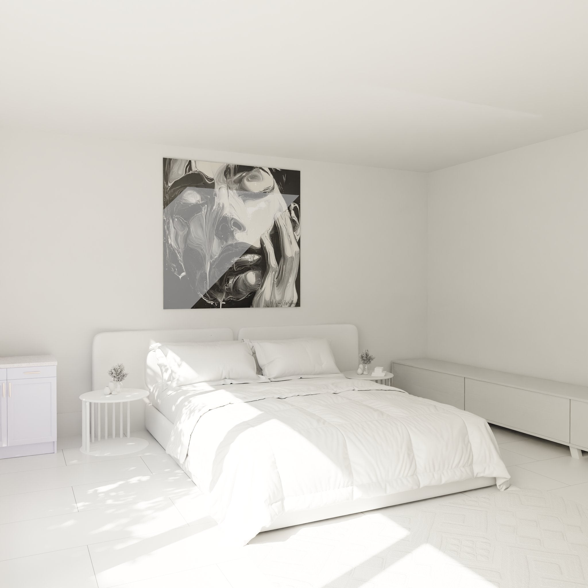 Abstraktes Gesicht Wandbild im Schlafzimmer - moderne schwarz-weiß Kunst als stilvolle Wanddekoration