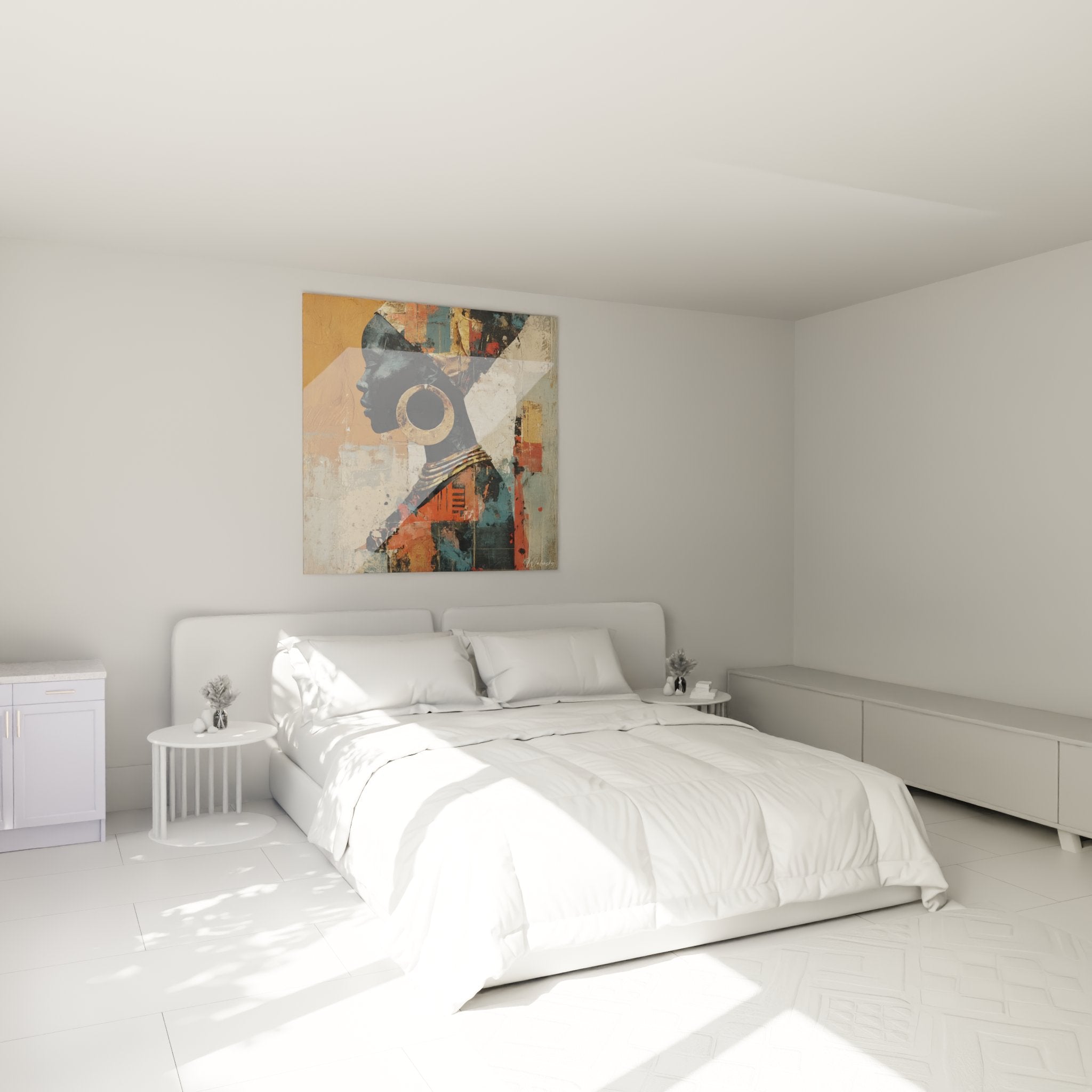 Schlafzimmer Dekoration mit modernem Wandbild afrikanischer Silhouette in warmen Farbtönen über dem Bett