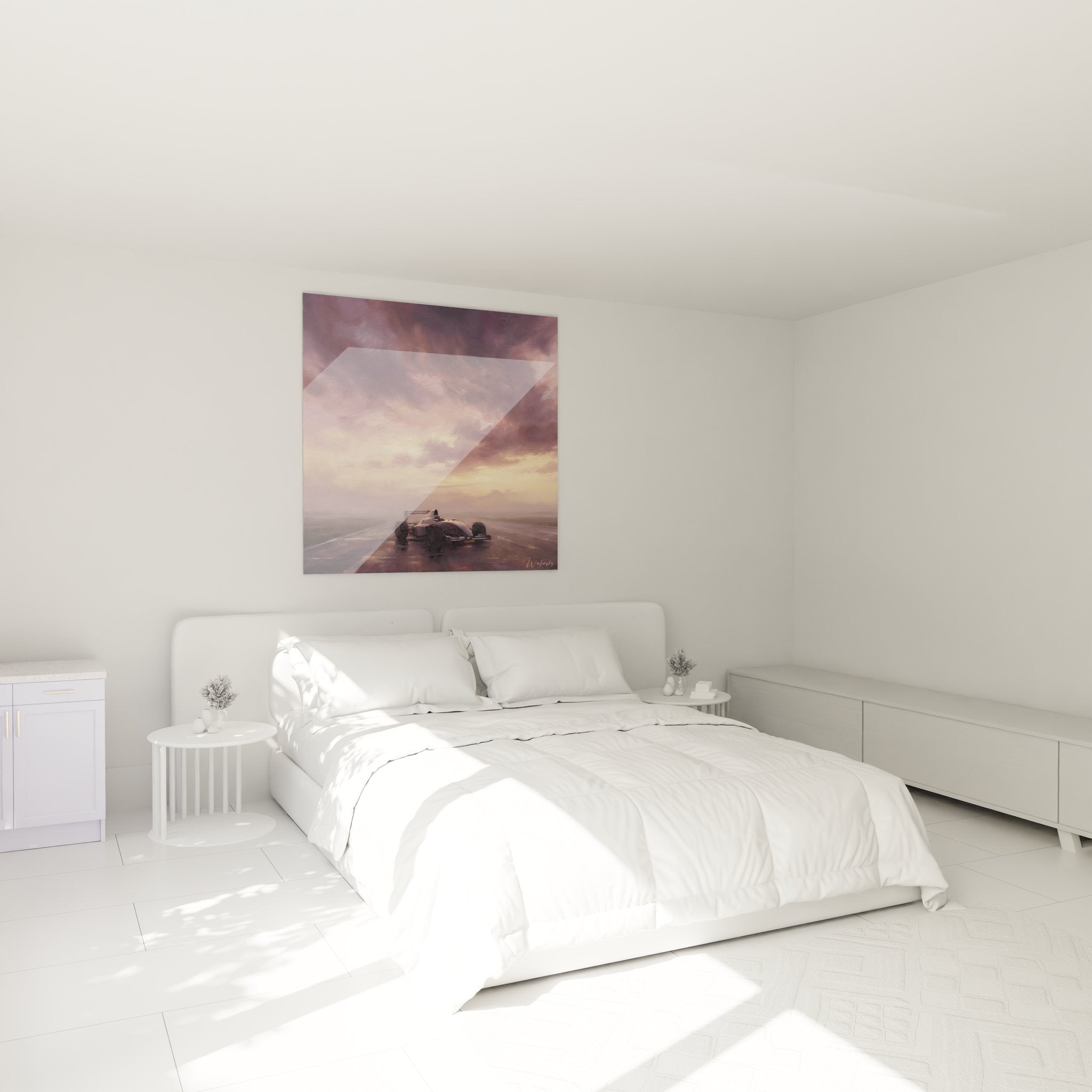 Formel 1 Wandbild im modernen Schlafzimmer - dramatische Rennszene als stilvolle Wanddekoration