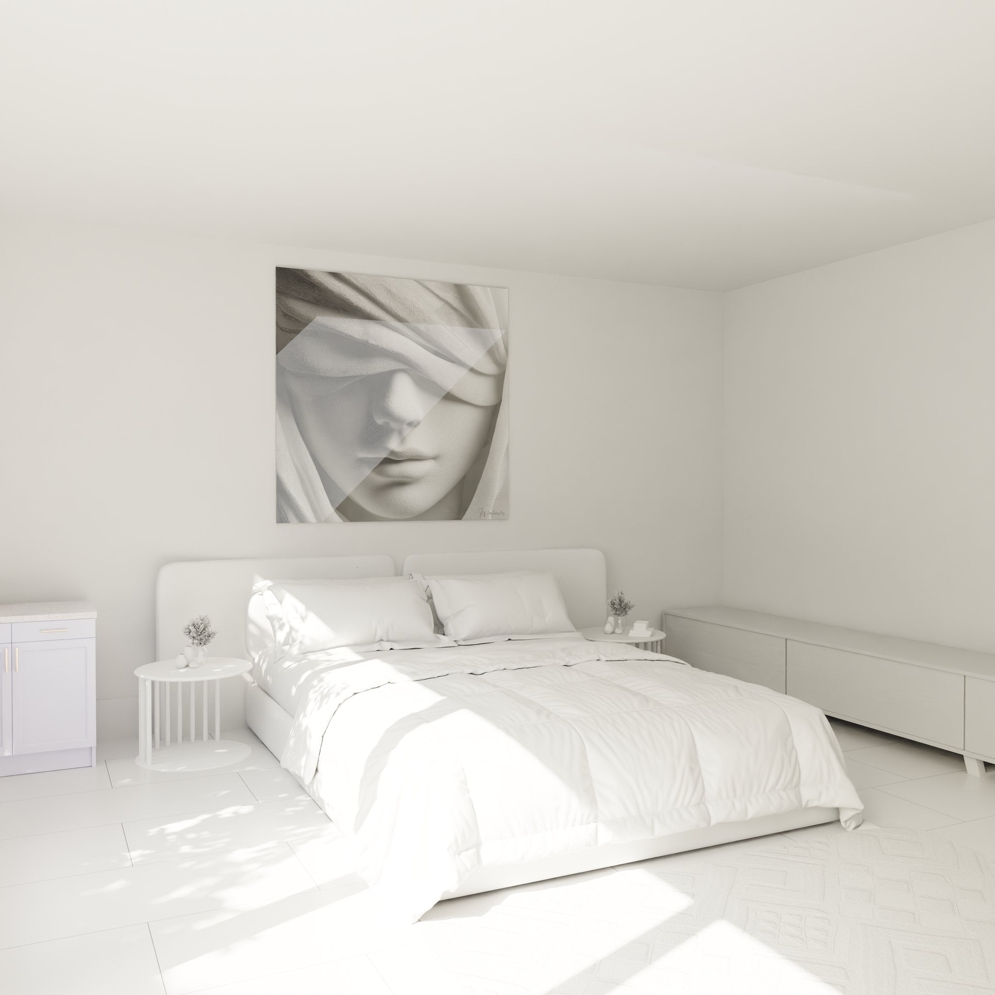 Verhülltes Frauenporträt Wandbild im modernen Schlafzimmer mit minimalistischer Dekoration