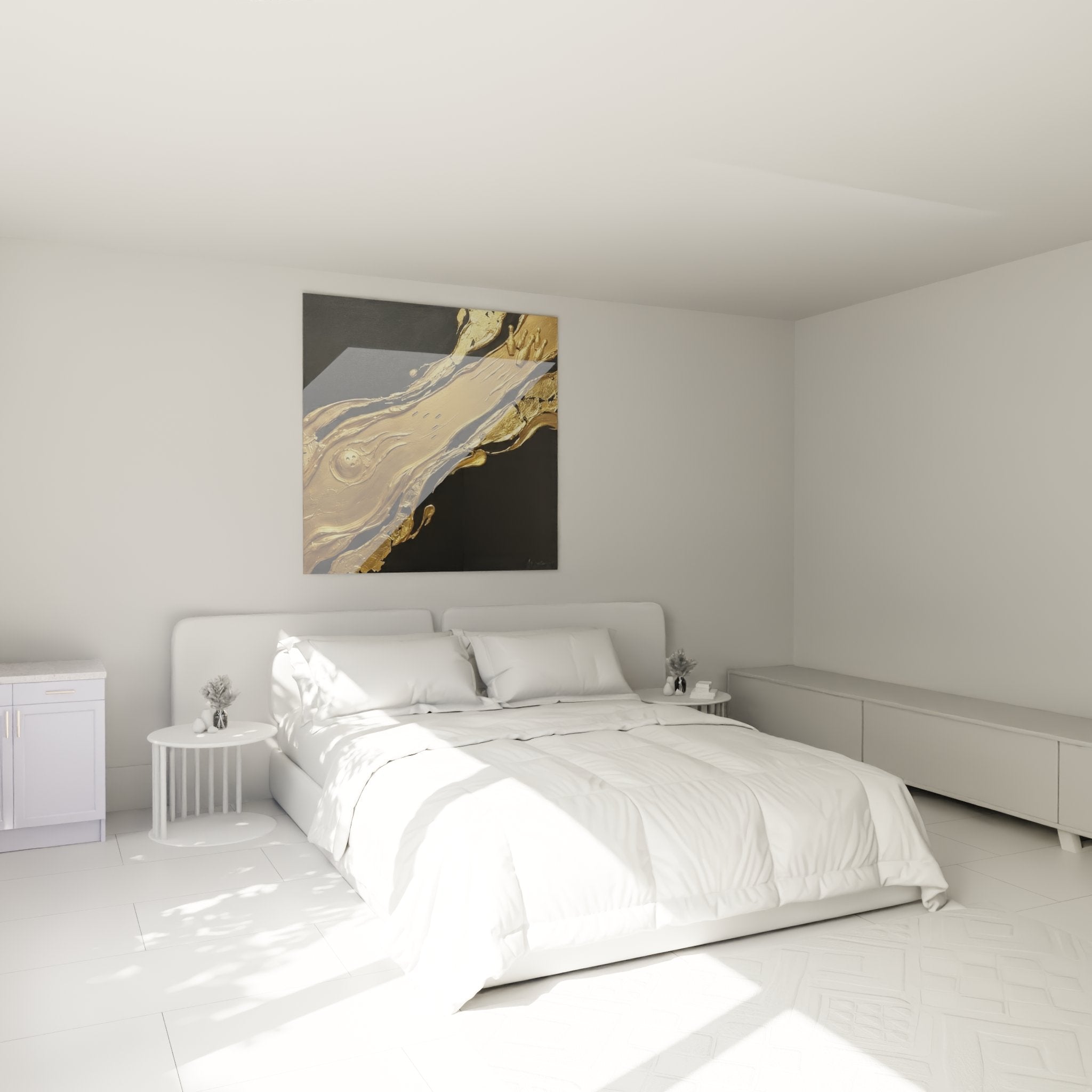 Elegantes goldenes Bowling-Wandbild als stilvolle Dekoration im modernen Schlafzimmer-Ambiente