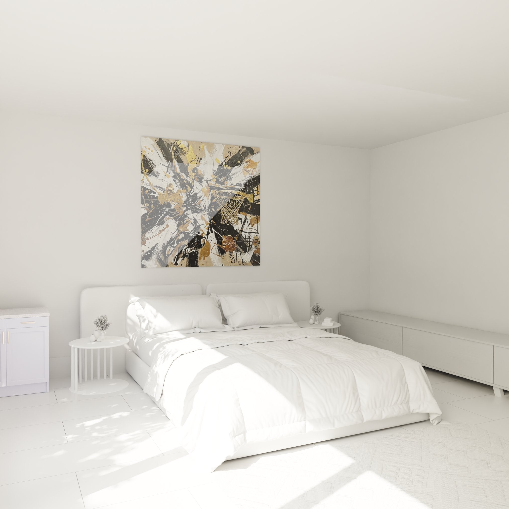 Basketball Kunstwerk im Schlafzimmer, abstrakte Sportkunst als Wanddekoration über dem Bett