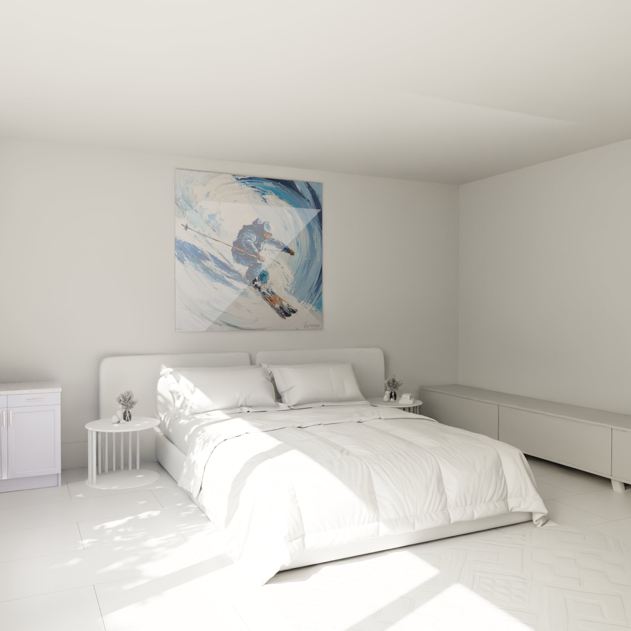 Wandbild Skifahrer im Pulverschnee als moderne Dekoration im Schlafzimmer mit alpinem Flair