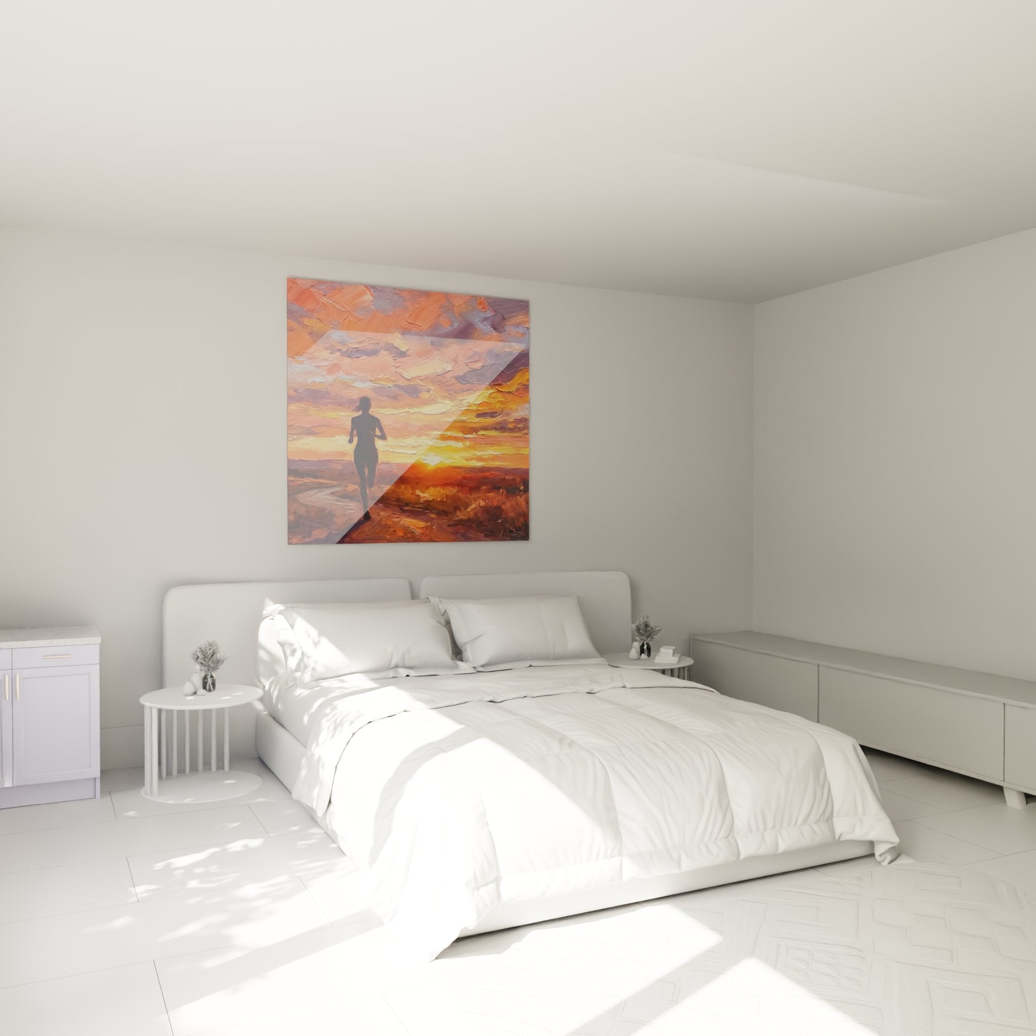Läuferin Sonnenuntergang Wandbild im modernen Schlafzimmer über dem Bett als inspirierende Dekoration
