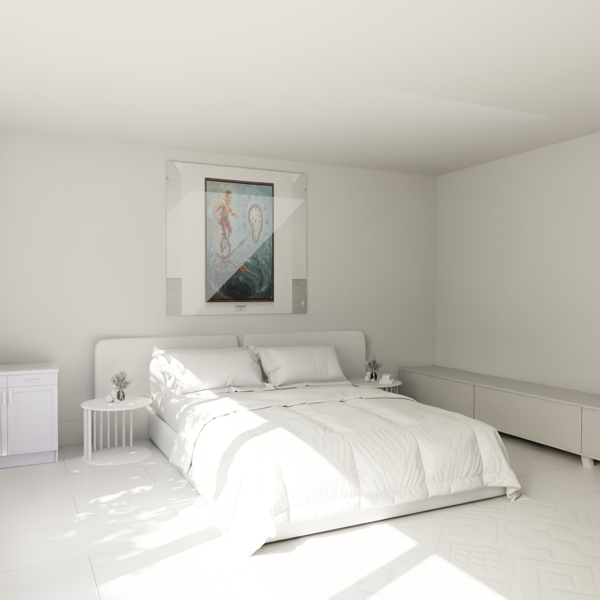 Zirkus Wandbild mit Einradfahrer im modernen Schlafzimmer als stilvolle Wanddekoration