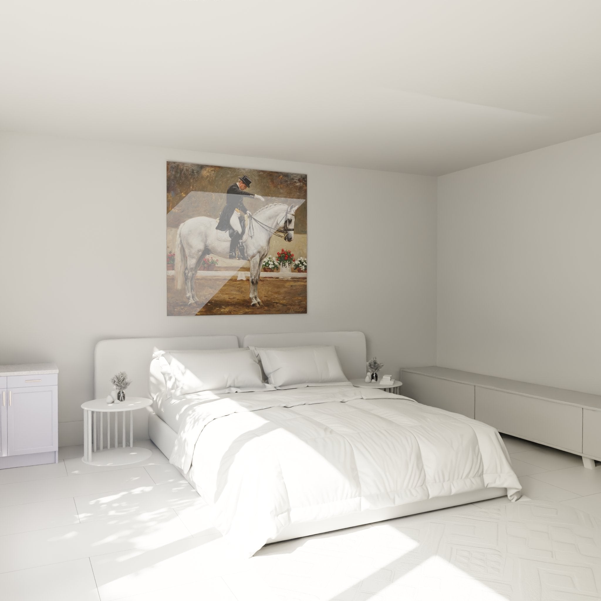 Wandbild Dressurreiter als edle Schlafzimmerdekoration mit warmem Ambiente