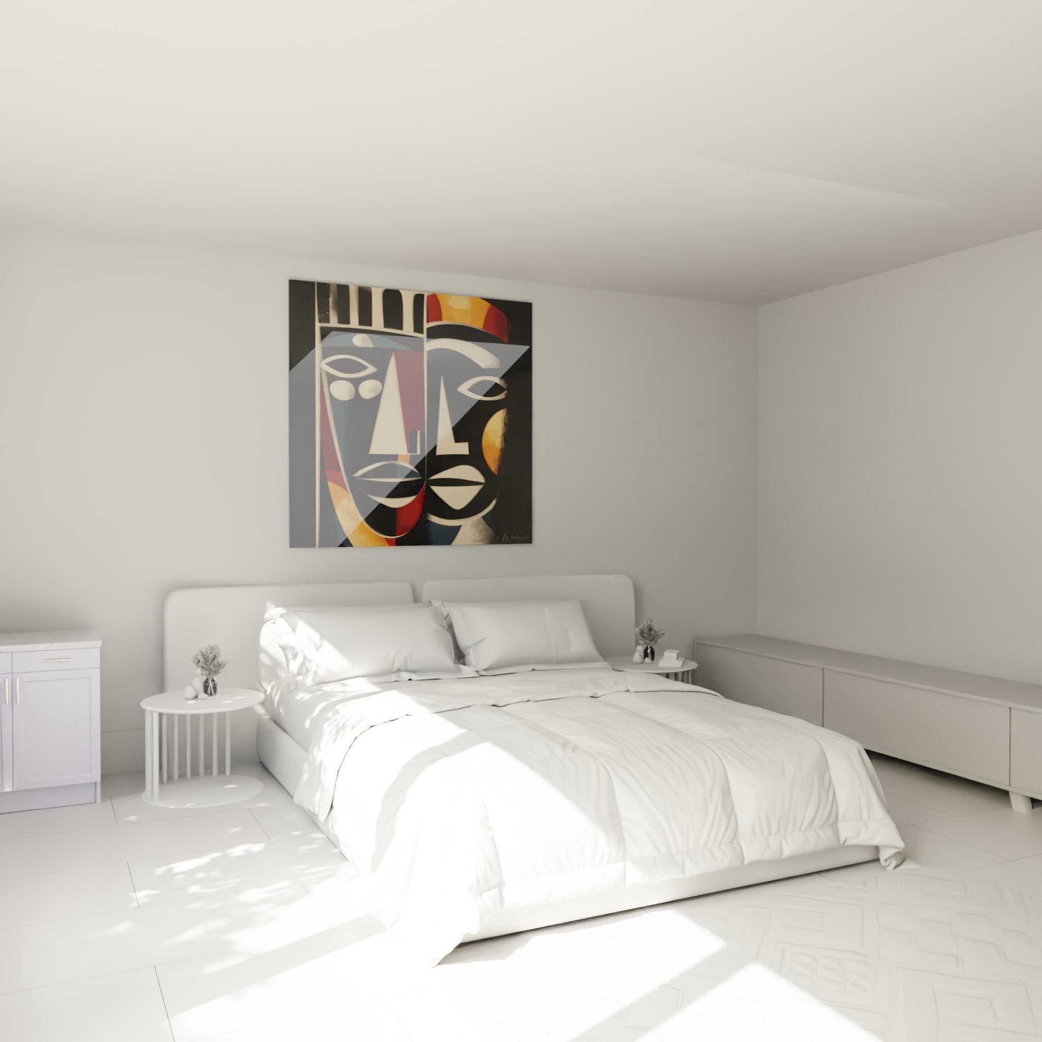 Afrikanisches Maskenwandbild als stilvolle Dekoration im modernen Schlafzimmer