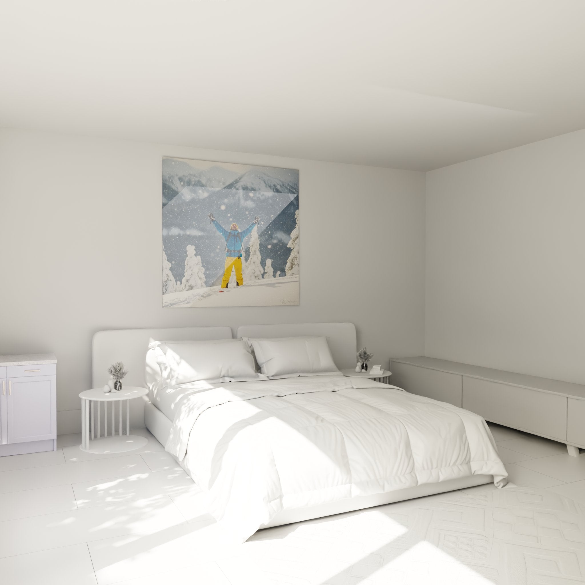 Wandbild mit jubelndem Skifahrer im Schneesturm als stilvolle Dekoration im modernen Schlafzimmer