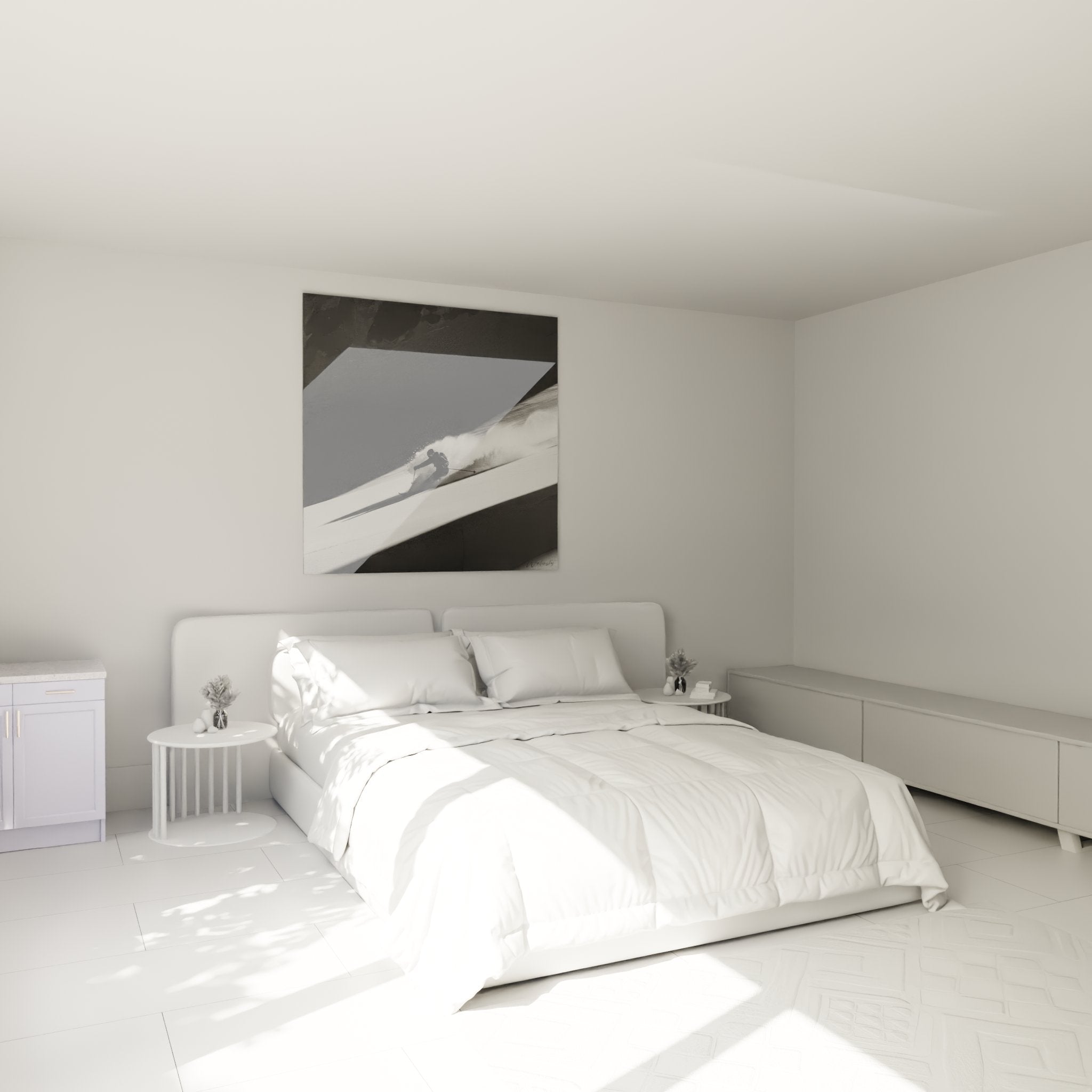 Skifahrer Wandbild in modernem Schlafzimmer, schwarz-weiß Fotografie als stilvolle Wanddekoration