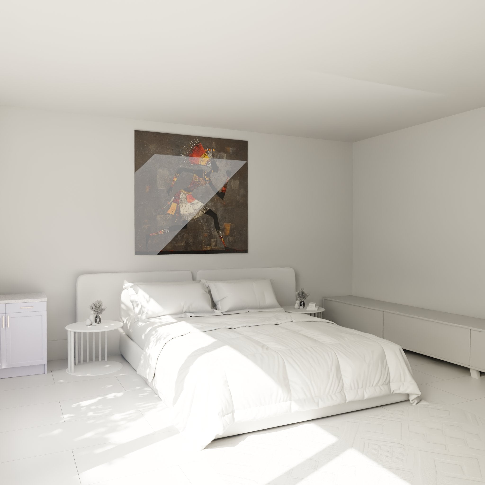 Afrikanisches Wandbild mit tanzendem Krieger im modernen Schlafzimmer, warme Atmosphäre durch Erdtöne